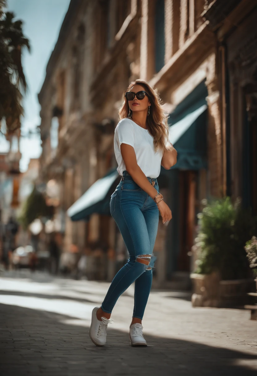 (cinematic angle: 1.2), street view,(1 girl, Sunglasses, summer dress),(beste-Qualit, detailed details, tmasterpiece, official arts, movie lighting effects, 4k), muscled body, white tshirt, Ripped blue jeans, Фотопозы поколения Z
