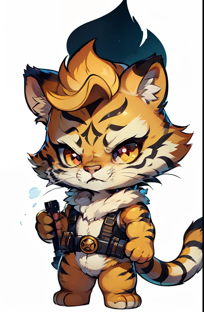 ***ung tiger, baby face tiger ,chibi, anthropomorphic, golden fur, big red eyes,warrior with one weapon, character 1:1,  simple background, pastel color