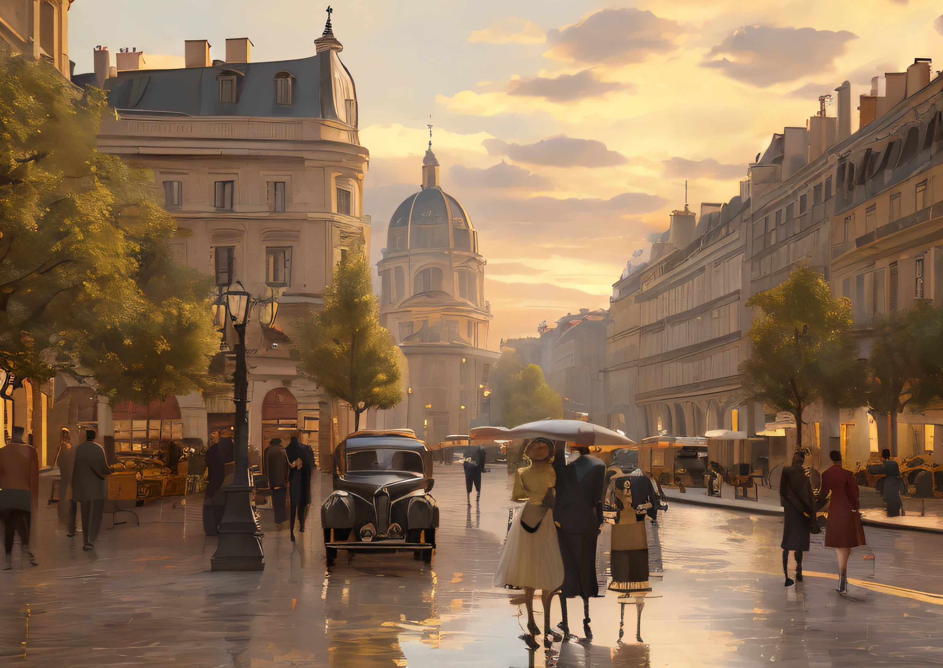 Oil painting of sunset in a European city from the 1940s, with beautiful neoclassical and French buildings, La tarde es lluviosa y se pueden ver los reflejos de personas y rostros en el pavimento, Elegant atmosphere, Muchos detalles, Render Lumion 8K, Renderizar la arquitectura del motor irreal, Muchos detalles, Cinematic yellow lighting in warm tones, Image in the style of an impressionist oil painting, Mucho, Manet Cézanne,