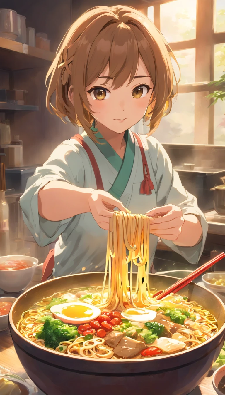 Delicious and attractive spicy noodles,Plenty of fresh vegetables,The aroma of poached eggs is overflowing,Brown shells are tasty and tasty,pepper has a strong flavor,Yellow bamboo shoots are crispy and delicious,The fungus has a delicate taste,Soy curd has a good final flavor,Noodles caught with chopsticks are fragrant。Illustration
