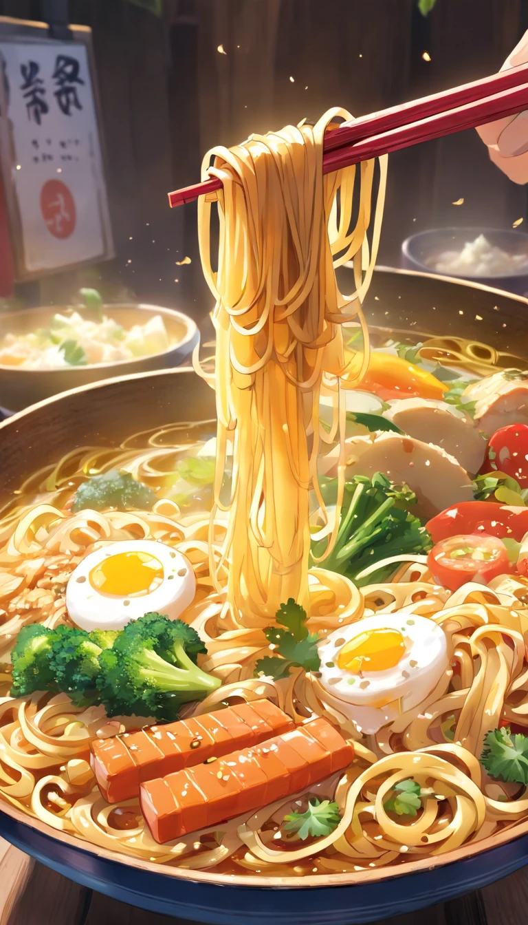 Delicious and attractive spicy noodles,Plenty of fresh vegetables,The aroma of poached eggs is overflowing,Brown shells are tasty and tasty,pepper has a strong flavor,Yellow bamboo shoots are crispy and delicious,The fungus has a delicate taste,Soy curd has a good final flavor,Noodles caught with chopsticks are fragrant。Illustration