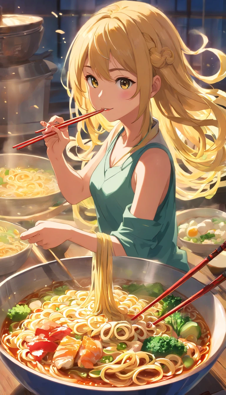 Delicious and attractive spicy noodles，Plenty of fresh vegetables，The aroma of poached eggs is overflowing，Brown shells are tasty and tasty，pepper has a strong flavor，Yellow bamboo shoots are crispy and delicious，The fungus has a delicate taste，Soy curd has a good final flavor，Noodles caught with chopsticks are fragrant。Illustration