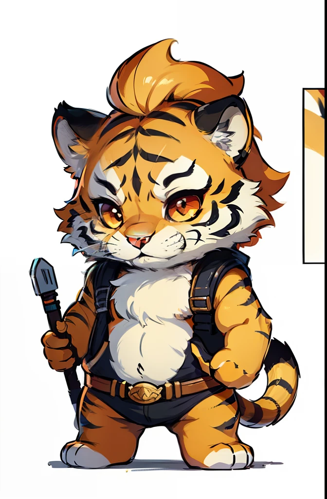 ***ung tiger, baby face tiger ,chibi, anthropomorphic, golden fur, big red eyes,warrior with one weapon, character 1:1,  simple background, pastel color