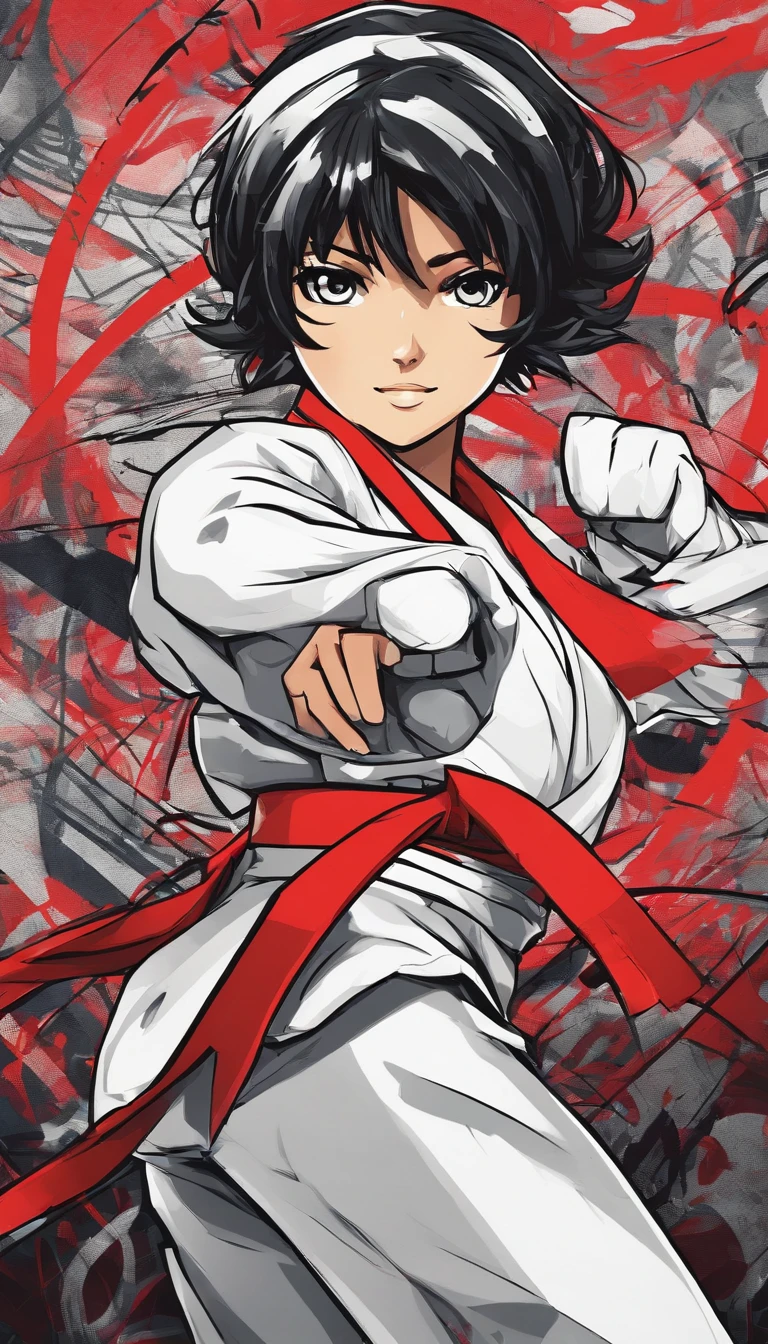 Young Woman in Anime, Wearing a white karate costume, Short black hair in red minor,, Concentrated energy, street fighter, Random Karate Pose, (intricate detailes), nffsw, (intricate detailes, super-fine: 1.2), video, middle,