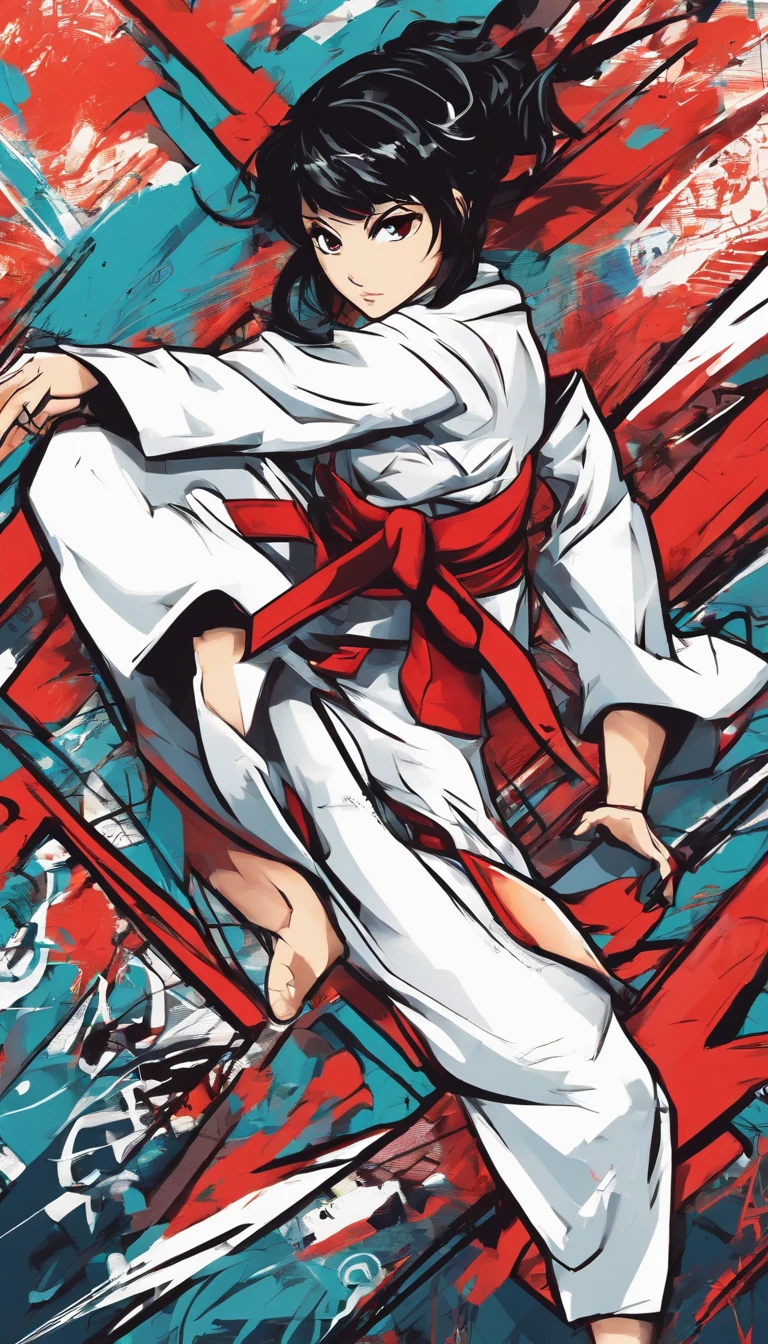 Young Woman in Anime, Wearing a white karate costume, Short black hair in red minor,, Concentrated energy, street fighter, Random Karate Pose, (intricate detailes), nffsw, (intricate detailes, super-fine: 1.2), video, middle,