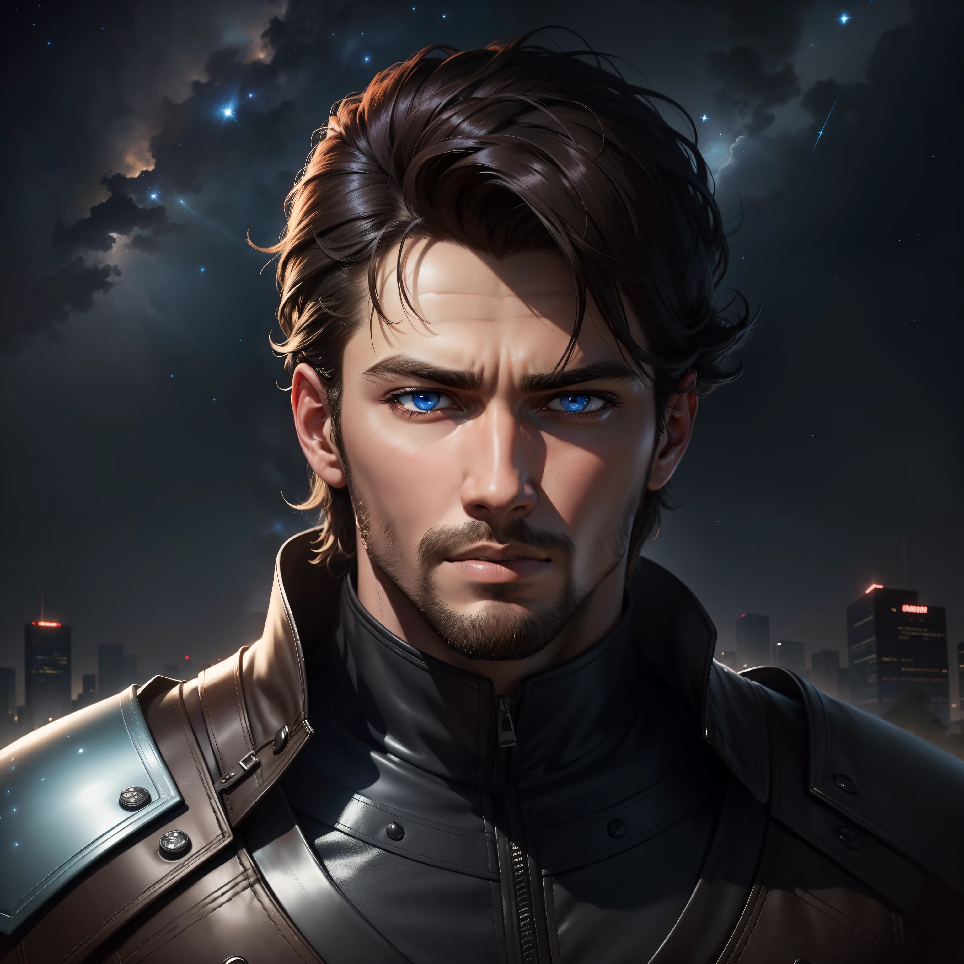 A handsome man looking forward with brown skin with blue eyes in a vast black environment and with a serious but sad look looking at the sky seeing the stars shining softly 1080k realistic HDR lots of quality