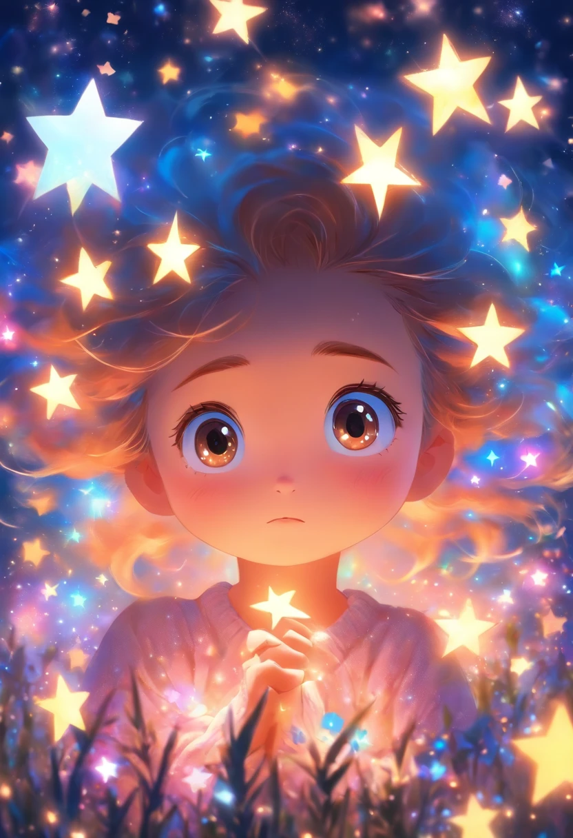 Desenhar uma menina em um campo de flores,There is a sequence of lights, girl with magical powers, girl looks at the space, entre maravilhosos vaga-lumes dourados, com estrelas, dreamlike art, Entre vaga-lumes dourados, Brilhe entre as estrelas, noite calma. digital illustation, portrait of magical young girl, dreamlike digital painting, dreamlike illustration, estrelado, Estrelas brilham