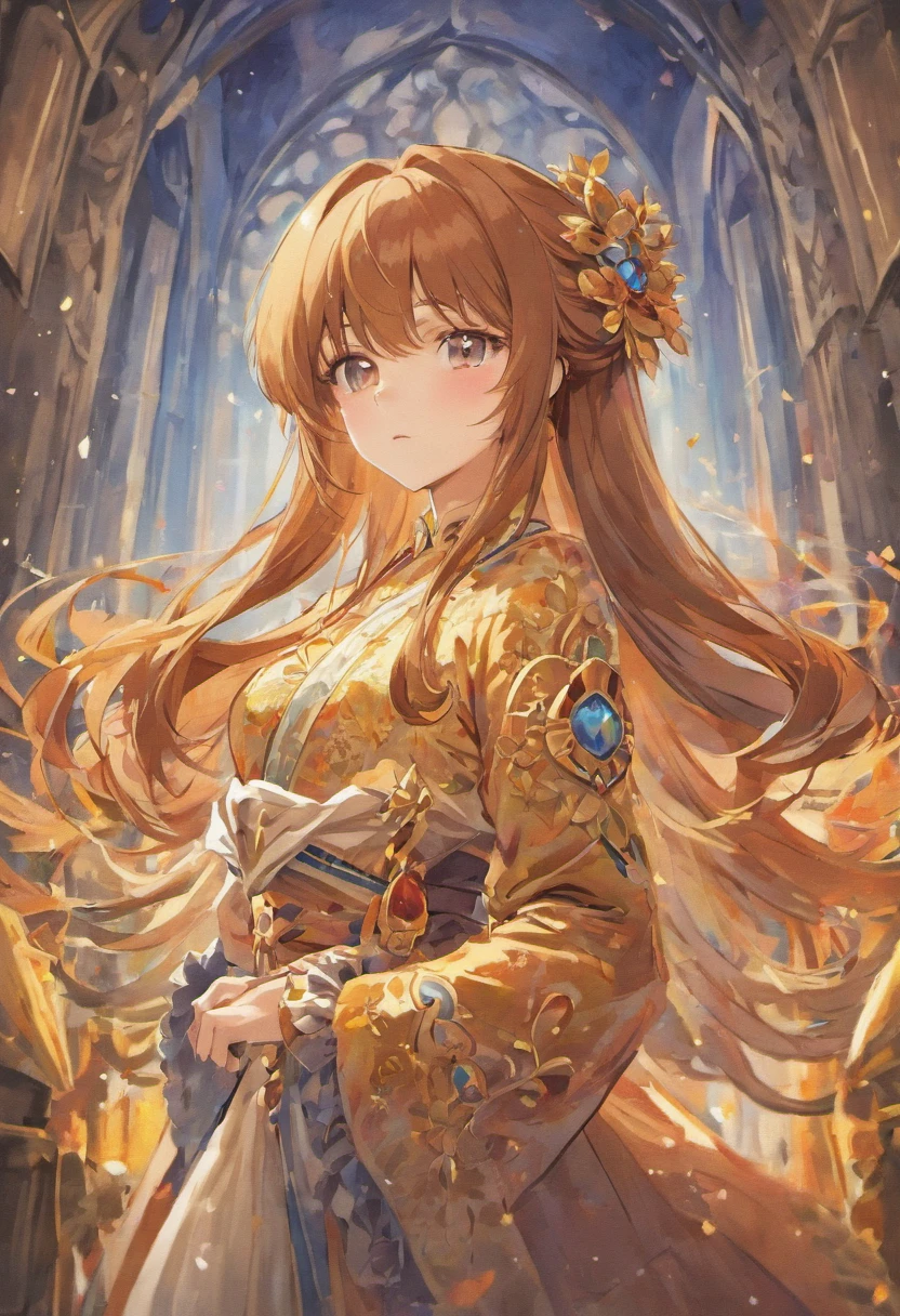 Describe a beautiful woman who already has 2 children with brown hair and royal princess clothes