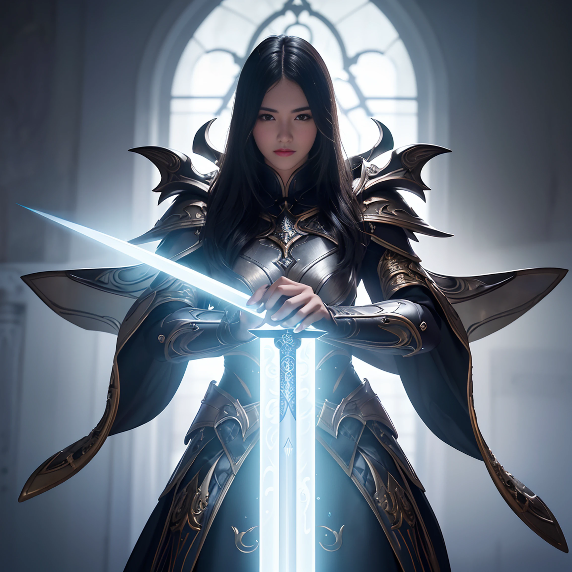 "An imposing paladin wielding a sword imbued with radiant light, emanando magia de luz potente. A cena se passa em uma paisagem urbana sombria e misteriosa, Iluminado pelo brilho da espada do paladino. The composition is expertly crafted, with breathtaking attention to detail and cinematic lighting. The overall aesthetic is reminiscent of Fujifilm photography, capturando a beleza e a profundidade da cena."