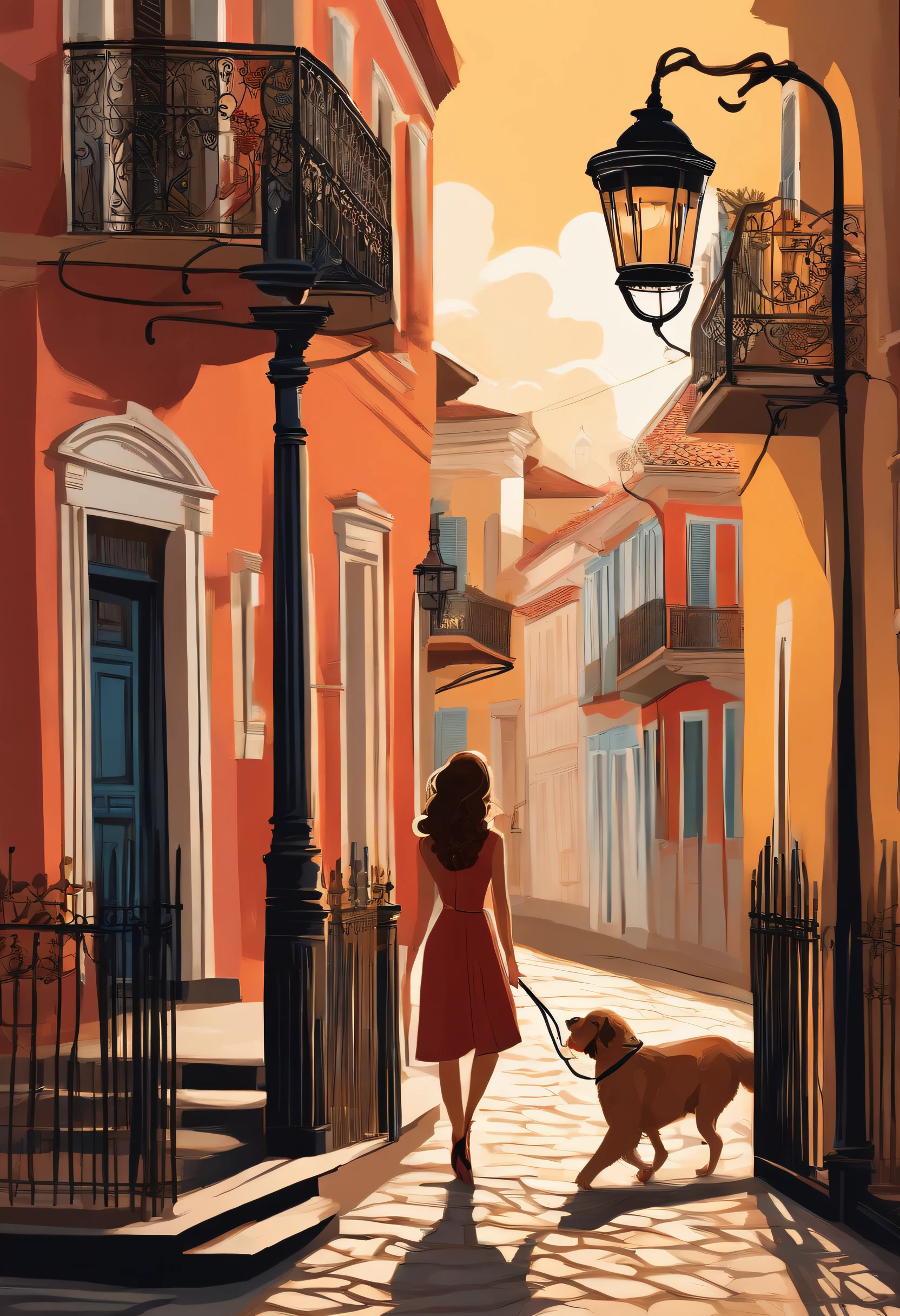 A girl leads a dog next to an electric pole, on a street with historic colonial mansions , Architectural style Portuguese dating from the 18th century，Hand Painted Style