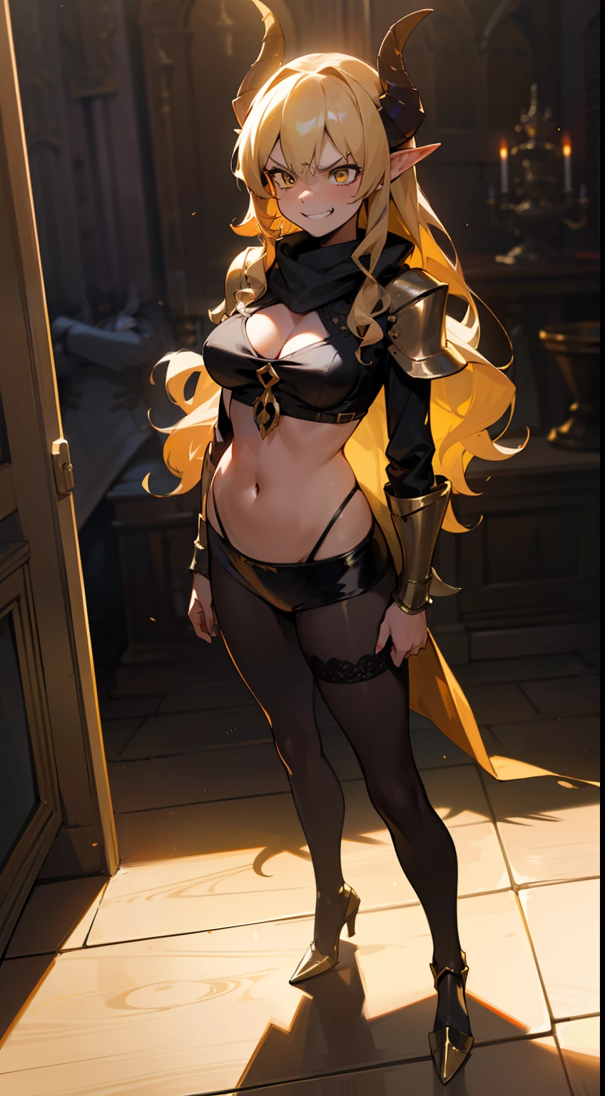 girl,brown skin, hidden arms,long hair, light blonde hair,curly hair,yellow eyes,(((villain,psycho,villain smile, psychopath, angry))), medium boobs,show belly,gold armor outfit, black small shirt,long black stockings, detailed clothes, masterpiece, hyper realistic, high definition,black horns,black pantyhose,elves ears,yellow scarf,(((standing inside of a castle)))