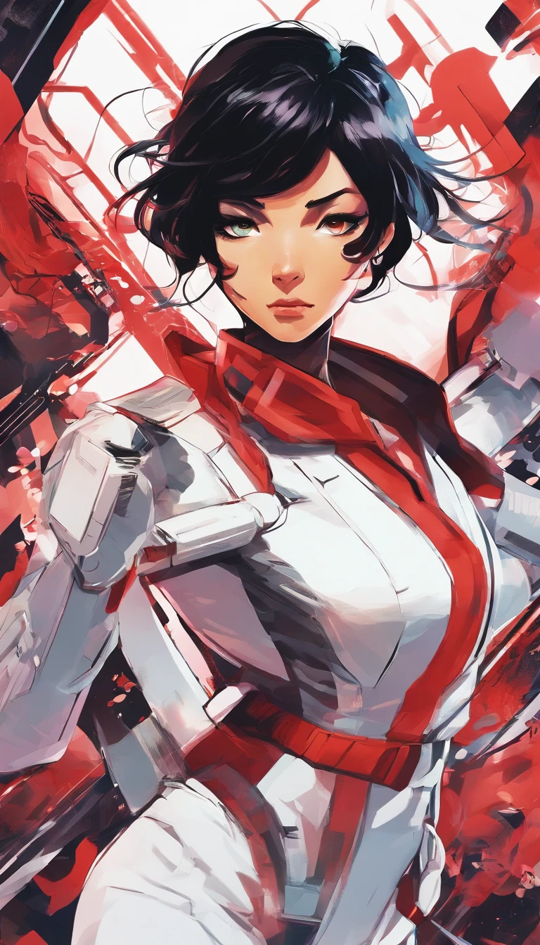 Young Woman in Anime, Wearing a white karate costume, Short black hair in red minor,, Concentrated energy, street fighter, Random Karate Pose, (intricate detailes), nffsw, (intricate detailes, super-fine: 1.2), video, middle,