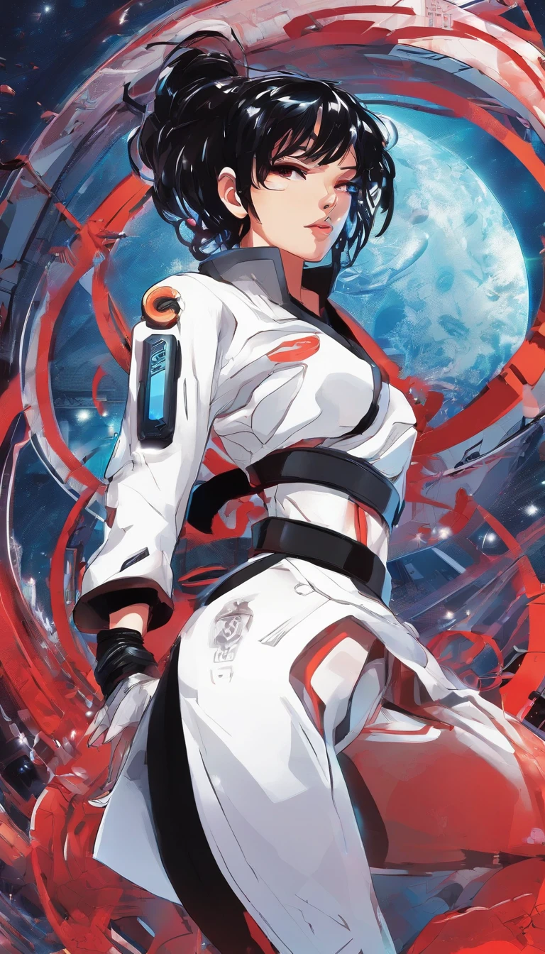 Young Woman in Anime, Wearing a white karate costume, Short black hair in red minor,, Concentrated energy, street fighter, Random Karate Pose, (intricate detailes), nffsw, (intricate detailes, super-fine: 1.2), video, middle,