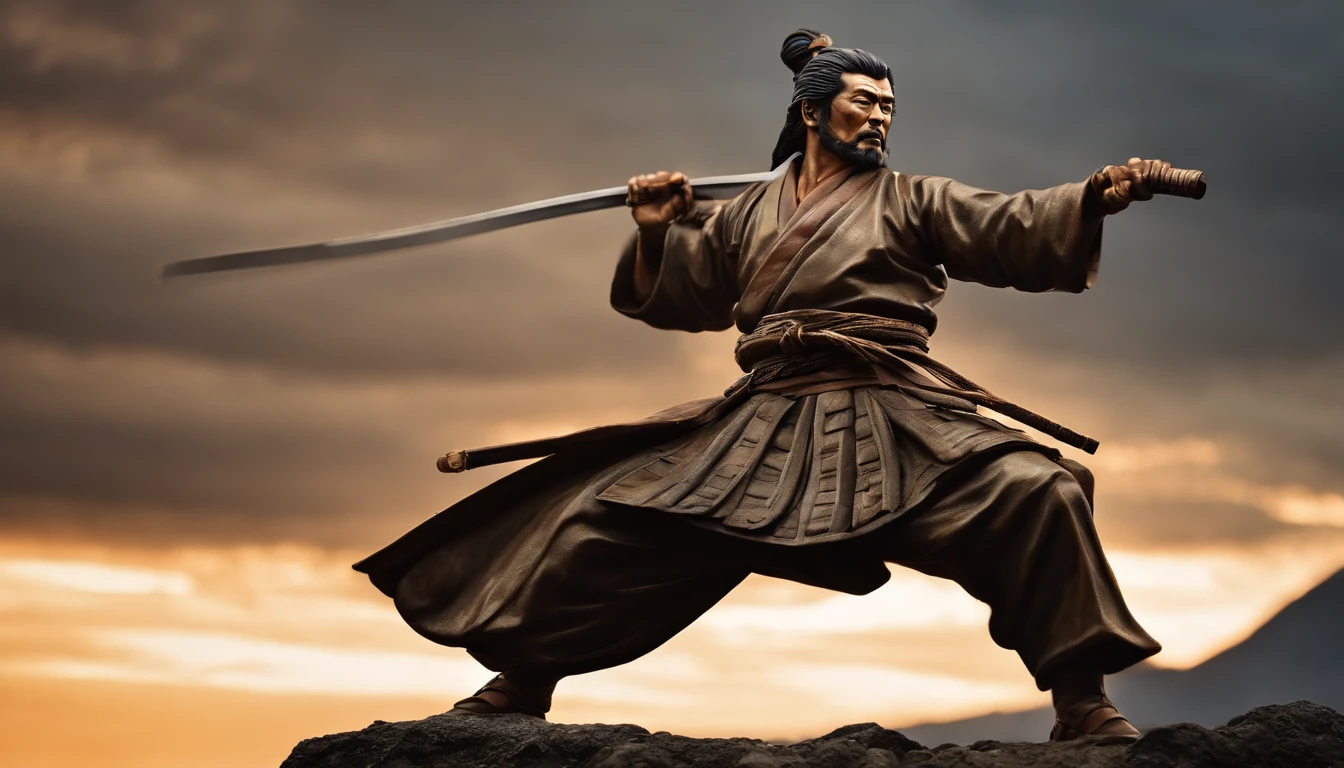 Crea una imagen ultrarrealista de una estatua de bronce de Miyamoto Musashi en una pose de combate.