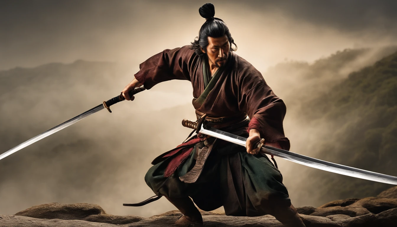 Crea una imagen ultrarrealista de una estatua de bronce de Miyamoto Musashi en una pose de combate.