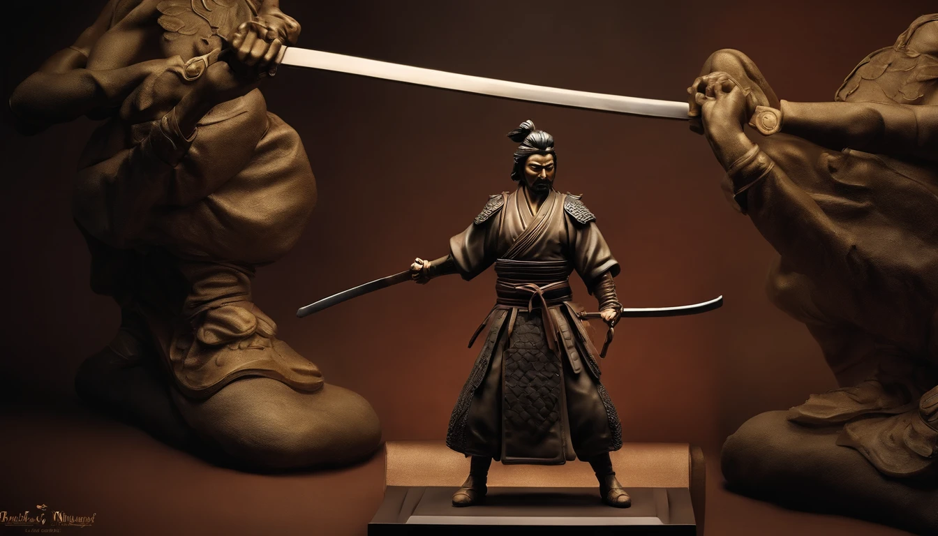 Crea una imagen ultrarrealista de una estatua de bronce de Miyamoto Musashi en una pose de combate.