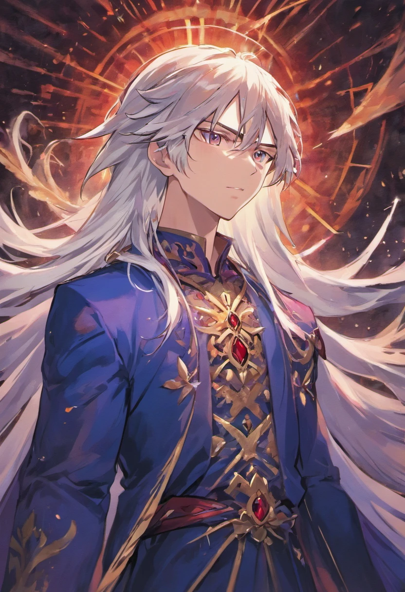 Describe an adult man with long white hair and red eyes wearing royal clothing