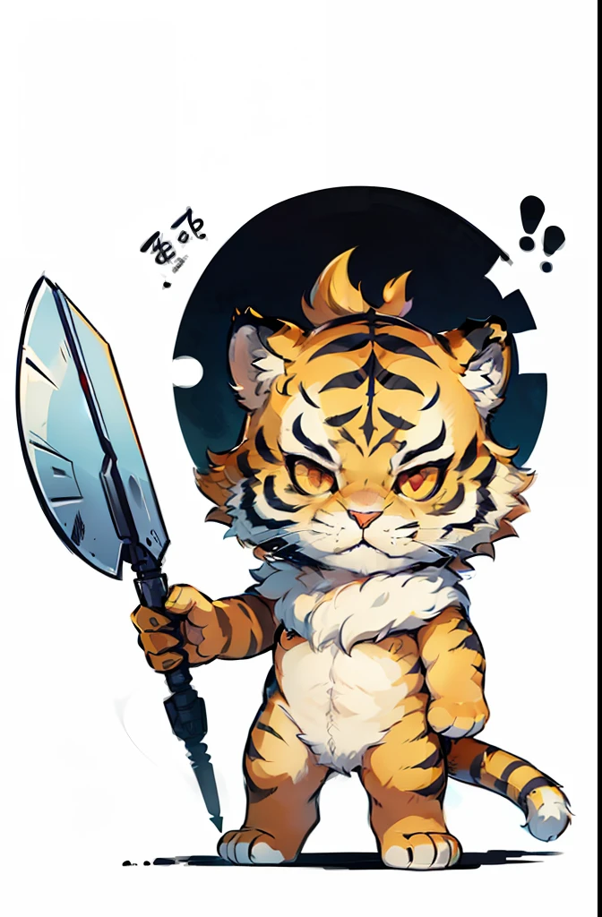 ***ung tiger, baby face tiger ,chibi, anthropomorphic, golden fur, big red eyes,warrior with one weapon, character 1:1, simple background, pastel color