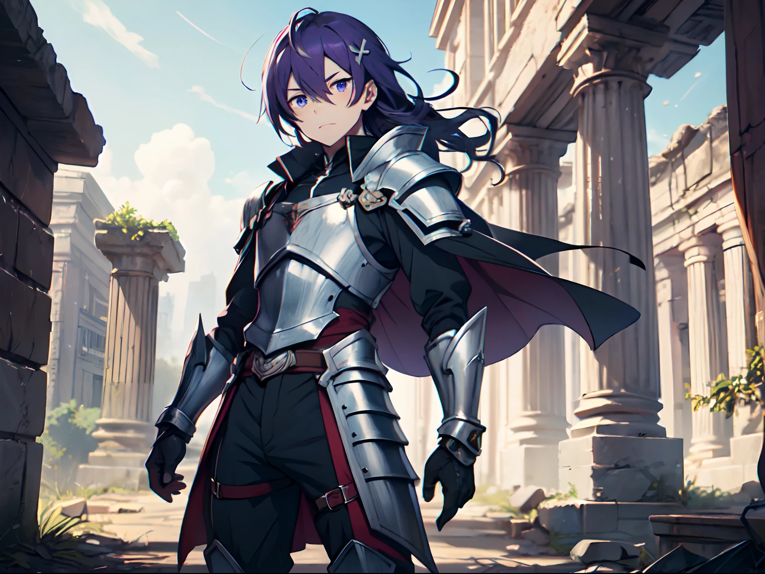 Ultra High Definition, Ultra High Quality, Extremely Detailed, 8k, 1 Boy, Rudeus Greyrat From Mushoku Tensei Anime, Handsome, Armored With War General Armor, Pure Purple Pupil Eyes, Long Haired Tied With Chinese Hairpin, Body To Legs Body Shot, Ancient Ruins Background,