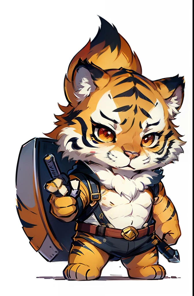 ***ung tiger, baby face tiger ,chibi, anthropomorphic, golden fur, big red eyes,warrior with one weapon, character 1:1, simple background, pastel color