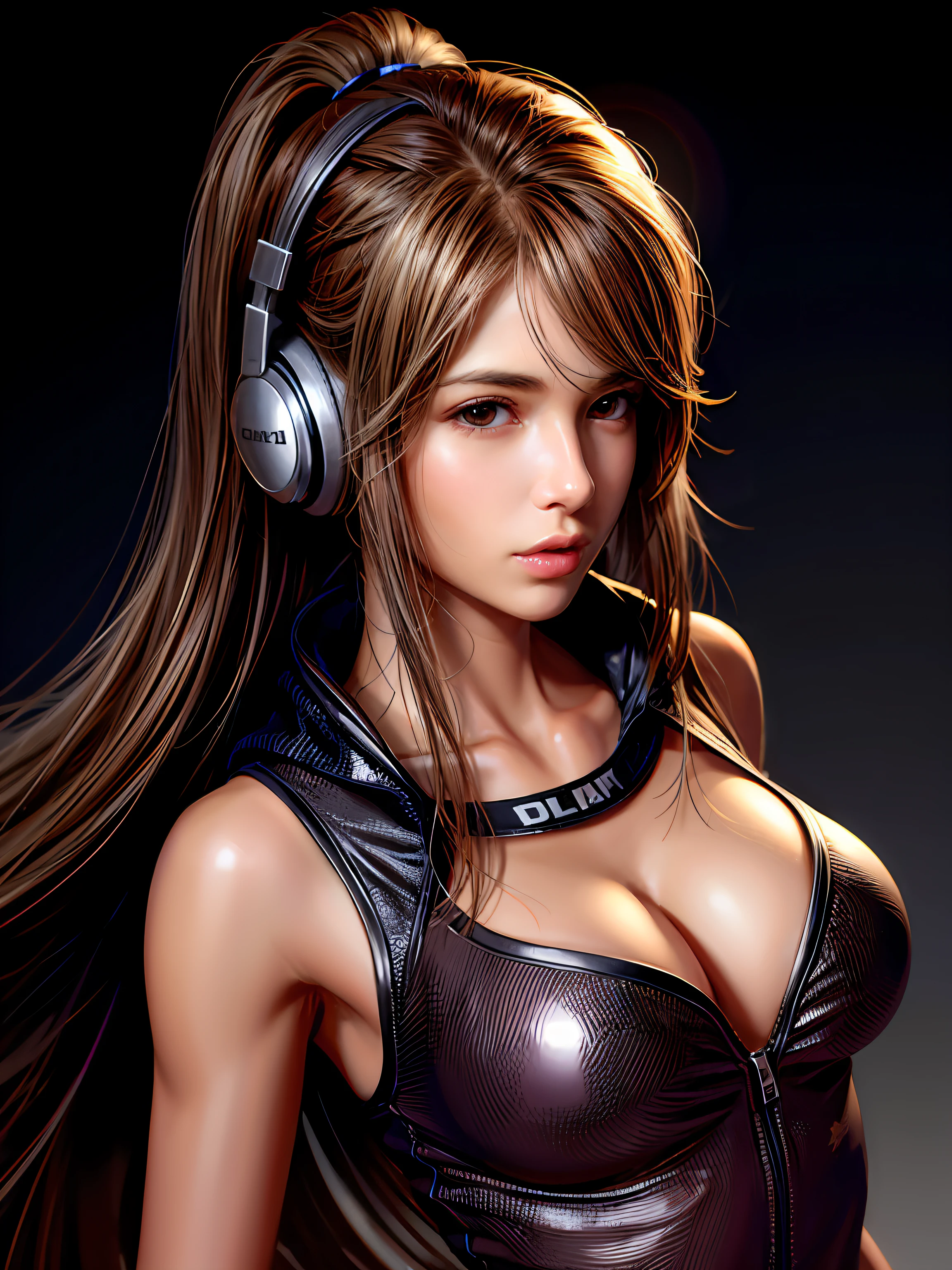 long straight dark brown haired gamer girl leaning into the camera, three-quarter headshot:1.2, lean body, fit body, photo from front above, dark red hoodie:1.2, straight hair, large leather gamer headphones:1.2, skintight black top:1.2, looking at viewer, realistic, 4k, cinematic lighting, perfect, soft lights, intricate details:1.2, high resolution skin:1.2, realistic skin texture, realistic face, perfect anatomy, lean girl, fit girl, sfw:1.2, jumper:1.2, hoodie:1.2, headphones:1.2, round breasts:1.2, perfect symmetry:1.2