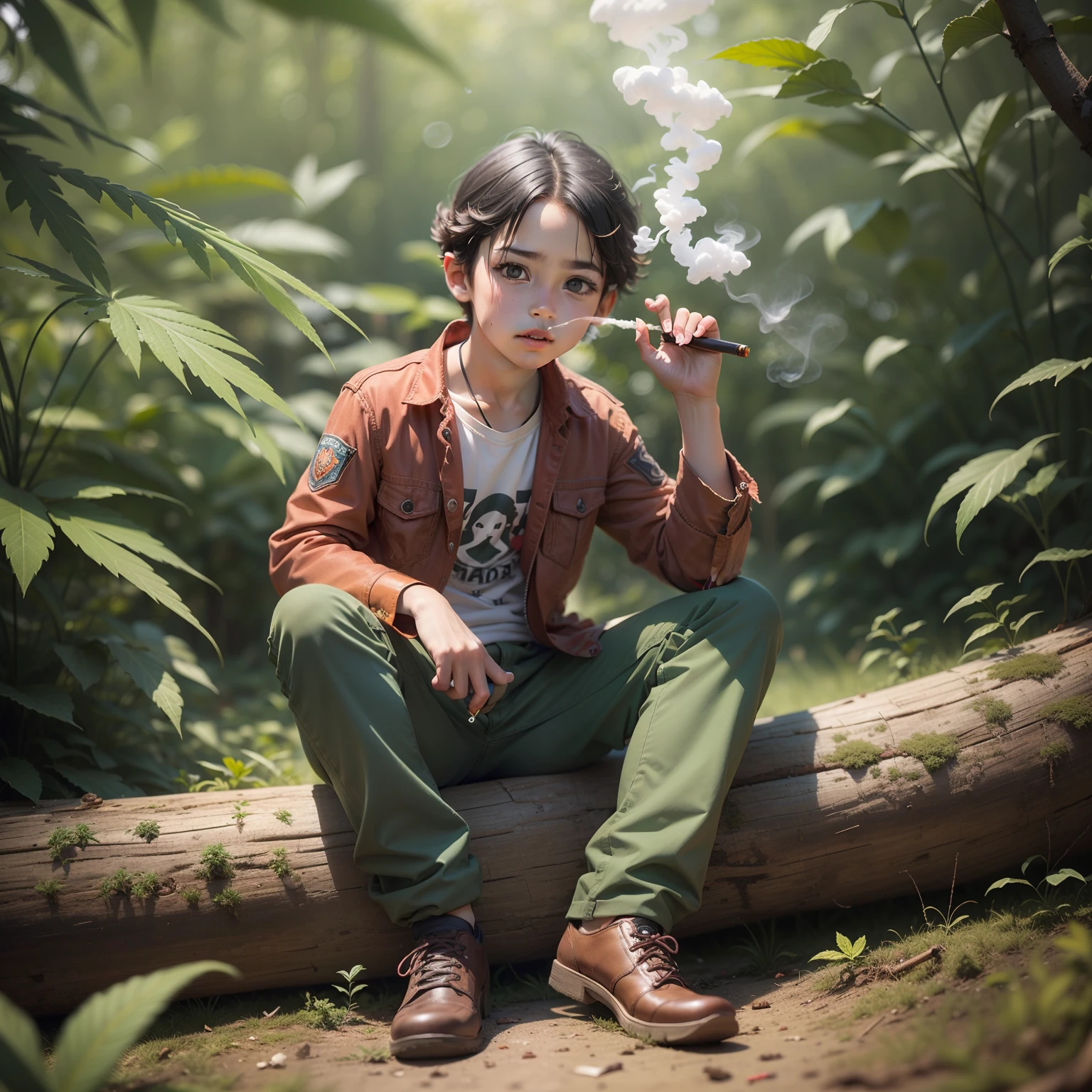 There's a little boy sitting on a log with a marijuana cigarette, com olhos dormentes, e roupa de cosplay