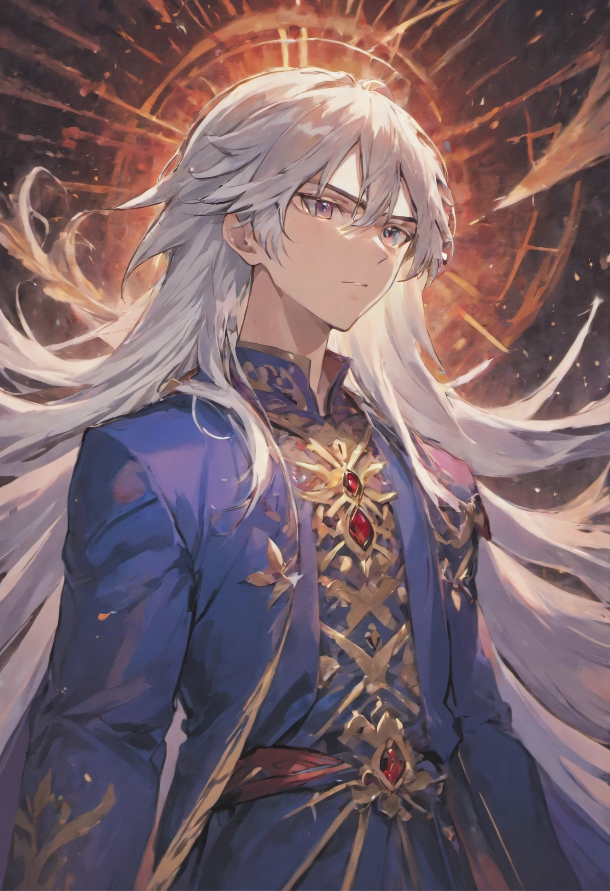 Describe an adult man with long white hair and red eyes wearing royal clothing