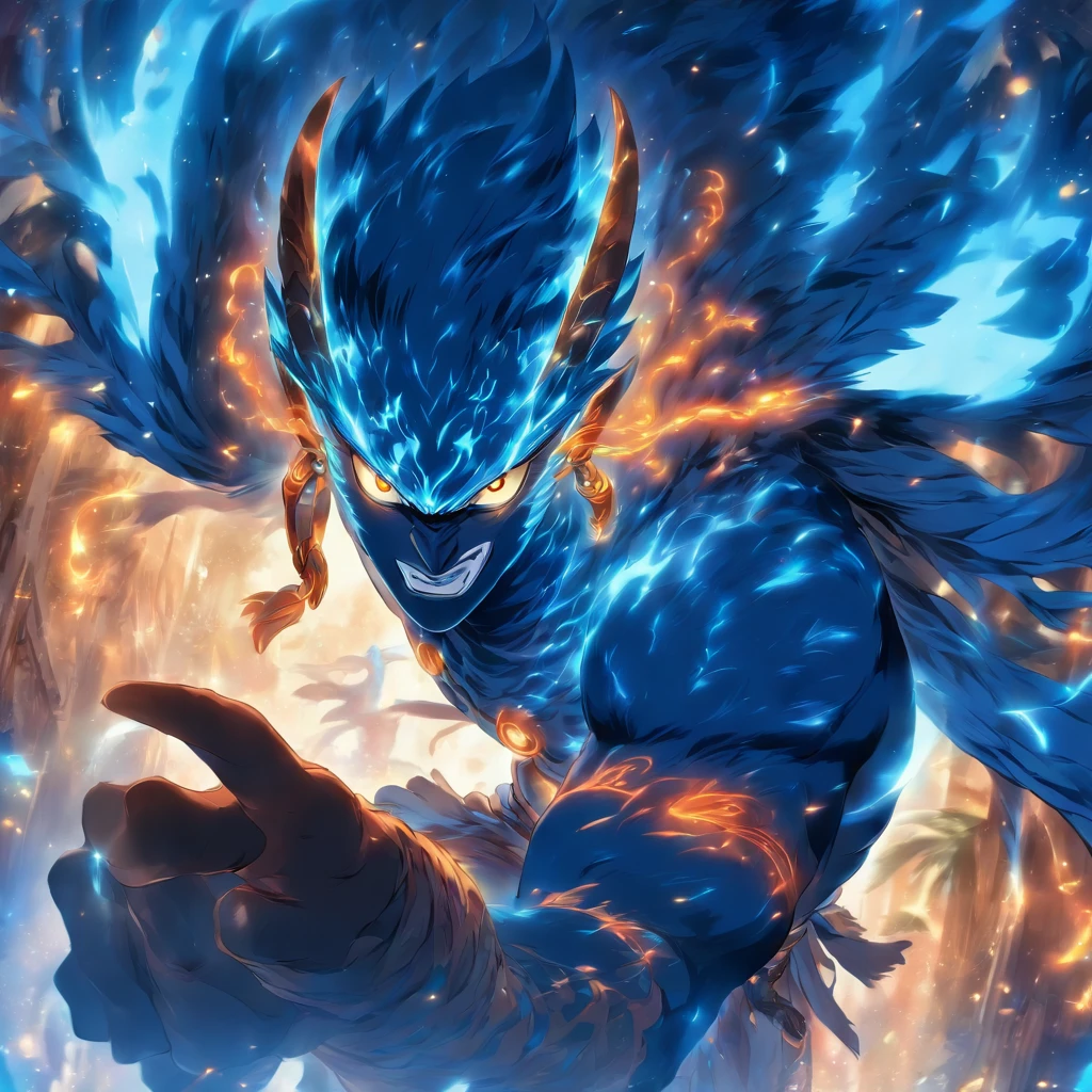 Djinn, blue feathers, multi glowing blue eyes, orange beak, blue wing-like apangeges with claws and glowing blue-white bands, masterpiece, best quality