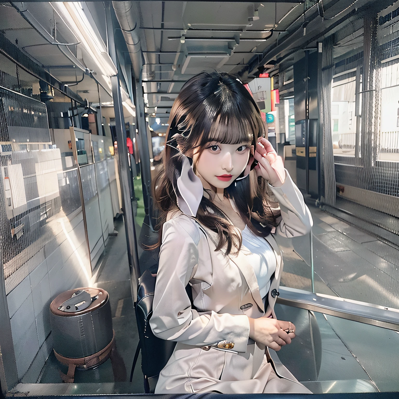of the highest quality、Photorealsitic:1.4、Raw photography、超A high resolution:1.4、Top image quality: 1.4、absurderes, masutepiece, ultra-detailliert、A hyper-realistic,1girl in 、japanaese girl、perfect anatomia、Anatomically correct fingers、Anatomically correct legs、22year old、Height 1.7 m、(((small and round face:1.2)))、long reddish-brown hair with waving tips,、eyebrows of the same color、kiss、(((Sareme:1.2)))、Sexy thick lips:1.1、Beautiful teeth alignment、((slenderbody)), ((Smaller chest))、(small ass:1.2)、skinny thigh:1.2、long legged:1.3、Woman with perfect style、Elegant and beautiful secretary、(((Black business suit、Black tailored jacket)))、(((Black Maxi Pencil Skirt:1.3、Front slit)))、Black enamel high heels、Pink sole、Sparkling Silk Camisole、Sexy open chest white sheer blouse shirt、Officelady、Sitting at a desk、Cross your legs as if inviting a man、Have a document、Yuki's face、Light blue nails、FULL BODYSHOT、Best Movie Lighting、