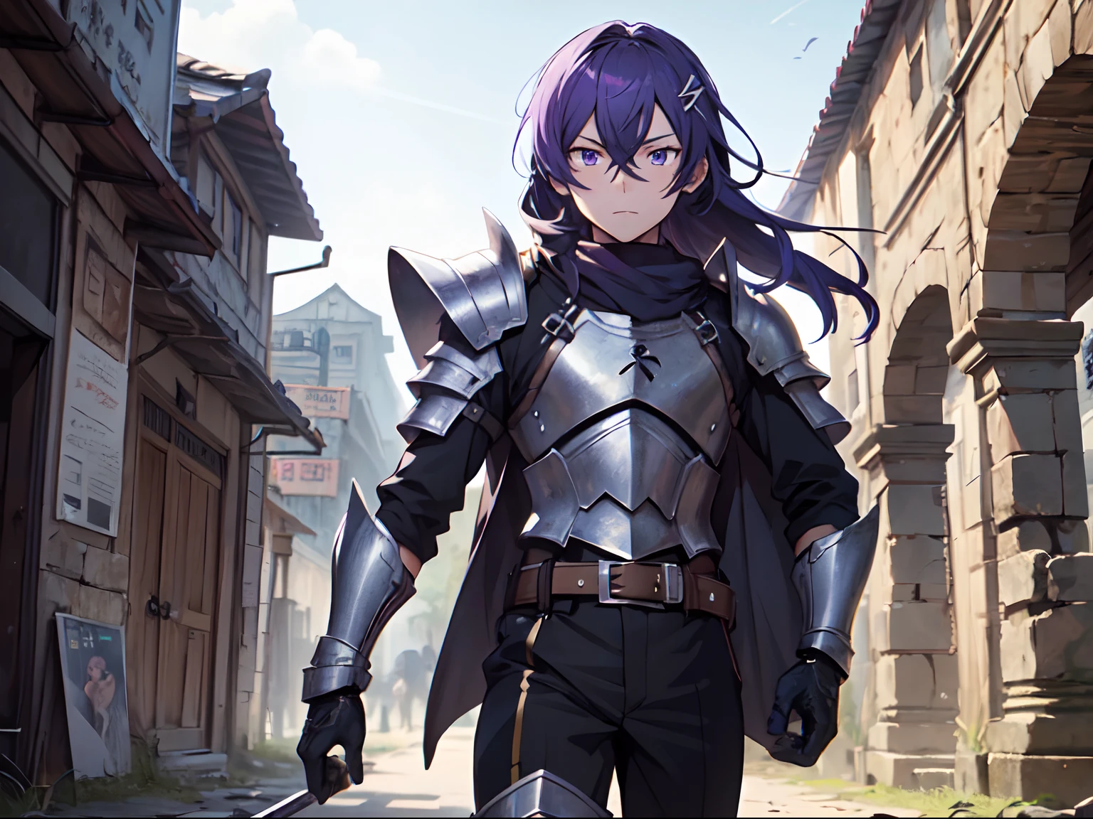 Ultra High Definition, Ultra High Quality, Extremely Detailed, 8k, 1 Boy, Rudeus Greyrat From Mushoku Tensei Anime, Handsome, Armored With War General Armor, Pure Purple Pupil Eyes, Long Haired Tied With Chinese Hairpin, Body To Legs Body Shot, Ancient Ruins Background,
