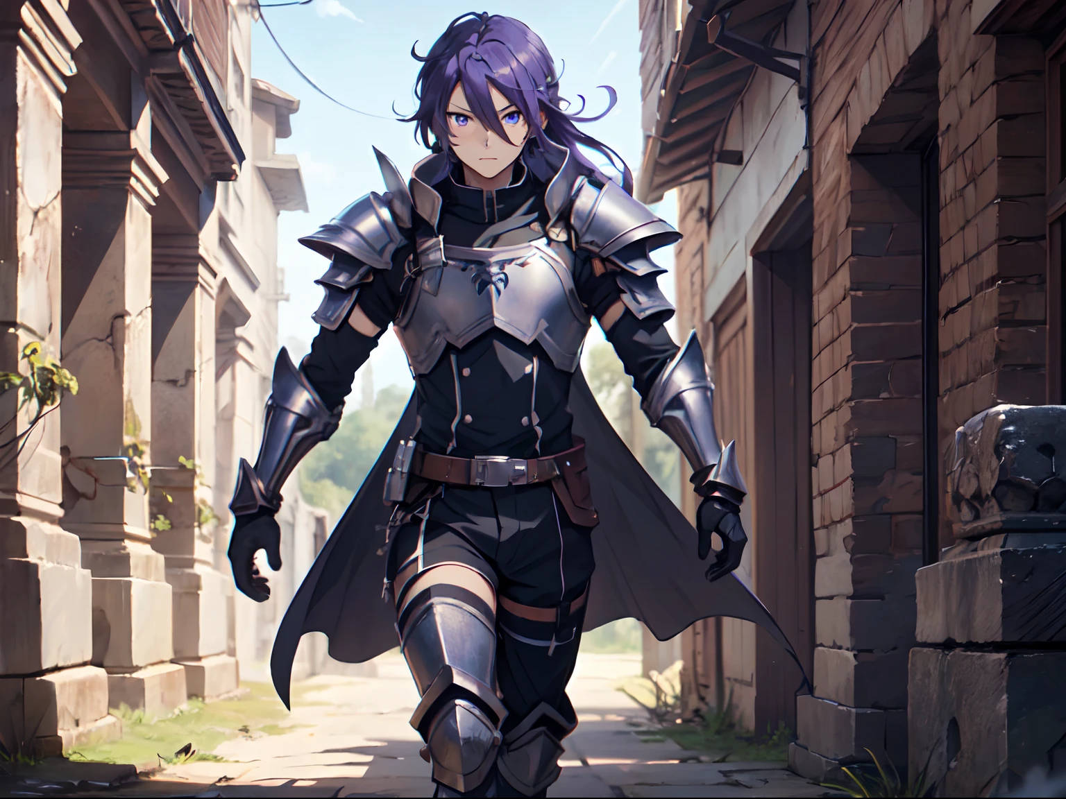 Ultra High Definition, Ultra High Quality, Extremely Detailed, 8k, 1 Boy, Rudeus Greyrat From Mushoku Tensei Anime, Handsome, Armored With War General Armor, Pure Purple Pupil Eyes, Long Haired Tied With Chinese Hairpin, Body To Legs Body Shot, Ancient Ruins Background,