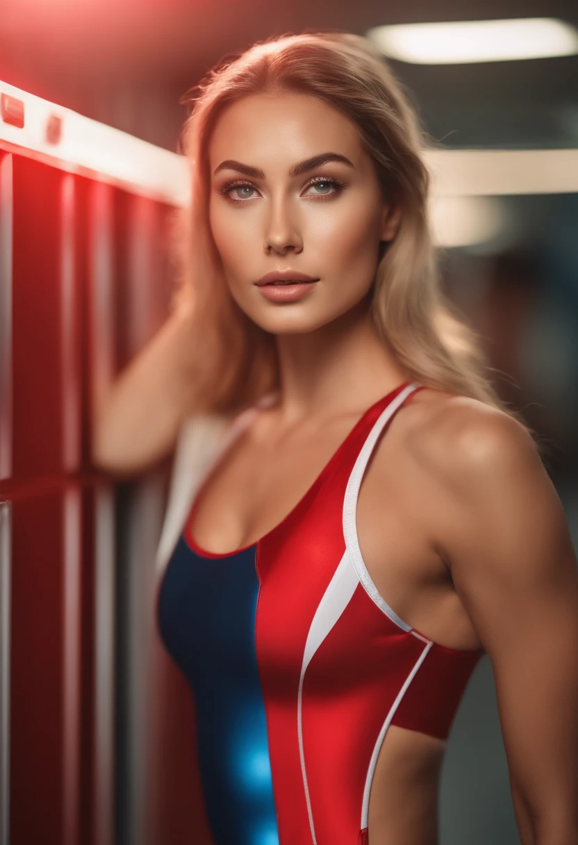 Amazingly beautiful female athletes, One Piece Swimsuit,(Super Metallic Bright Red Holographic Swimsuit:1.2), Chic muscular body:1.4,(top-quality、8K、32K、masterpiece、nffsw:1.3),(Photorealsitic:1.4),(The ultra -The high-definition),(Ultra-realistic 8kCG),Raw photography, Half body shot, Beautiful shadow gradient, in a locker room, Perfect Lighting, Beautiful and well-groomed face, beautidful eyes, Detailed lips, Double eyelids,