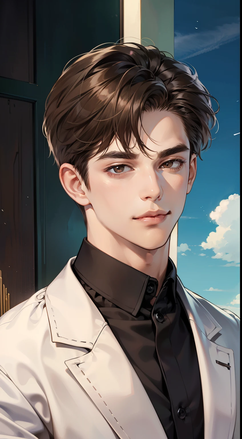 masterpiece, best quality, realistic, 1man, mature male, quiet and charming young man, 25 year old, a smirk, closed mouth, portrait, extremely detailed face, cold smile, ((dark eyes)), ((short-right-swept dark brown hair)), [thick eyebrows], ((suit)), handsome, distant shot