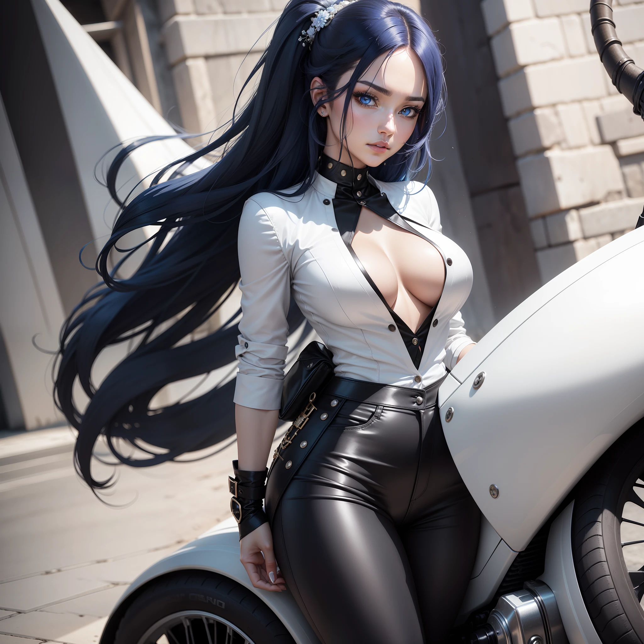 One anime-inspired girl stands out with her exceptional beauty. She wears black trousers paired with a white shirt, creating a stylish and captivating modern look. Her eyes are a mesmerizing combination of blue and brown, adding depth to her gaze.
Her long, shiny blue hair cascades down elegantly, further enhancing her allure. Her facial features are meticulously sculpted with high precision, giving her an exquisite appearance. Her skin is a radiant and pale shade of white.
To complete her captivating persona, she rides a luxurious motorcycle, adding an element of sophistication and adventure to her character.