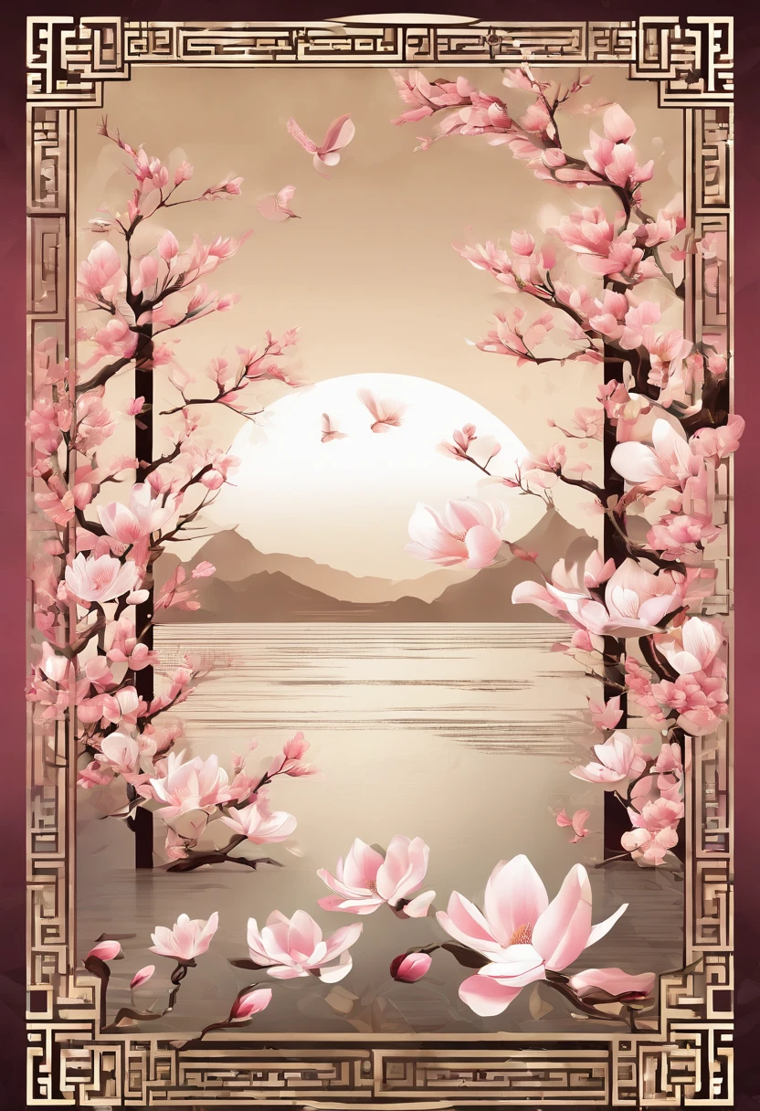 equinox，Traditional Chinese solar terms，(((Magnolia flowers)))，National style，Ink wind，solid color backdrop，has cleavage(((golondrinas)))Fly in the sky，Landscape view，Don't be characterized，Don't be characterized,Don't build