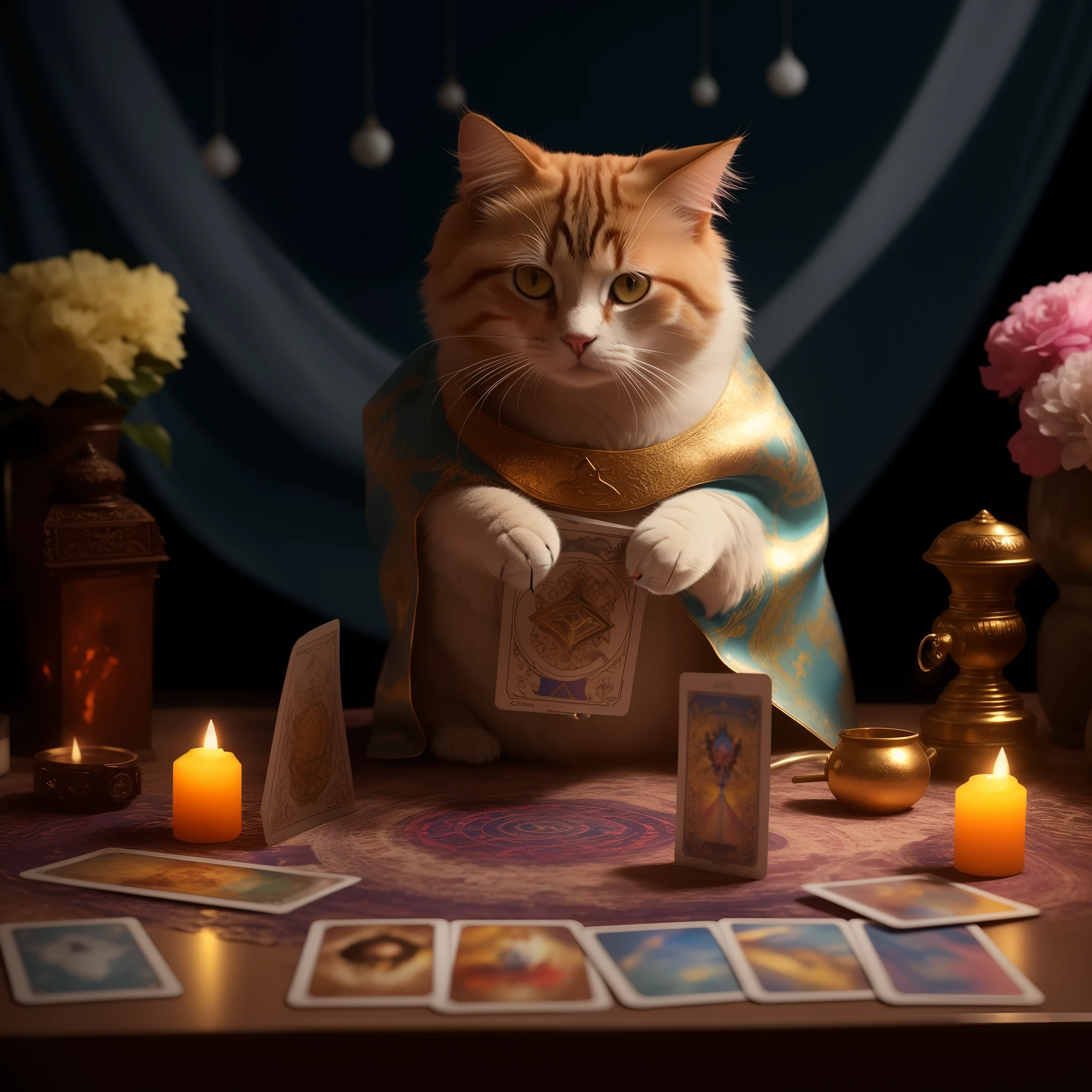 There is a cat sitting in a chair with a card in front, as a tarot card, tarot card enviroment, wizard doing a tarot reading, tarot cards characters, gato na mesa, floating tarot cards, Tarot cards, tarot style, bruxa do gato, adivinho, super math wizard cat, cat on the table in front of her, Cast spells soft front light, brilho, HDR, (cores suaves: 1.2) hiperealista,realista, Realismo, renderizado, Alto contraste, digital art photographyrealistic trend in Artstation 8k HD high definition detailed realistic, detalhado, textura da pele, hiper detalhado, textura de pele realista, armadura, melhor qualidade, ultra high-resolution, (fotografiarrealista: 1.4), alta resolução, detalhado, Calado bruto, sharp re, por lee jeffries Nikon D850 Filme Fotografia de Stock 4 Kodak Portra 400 Lente F1.6 Rich Colors Realistic Texture Dramatic Texture Dramatic Lighting Irrealengine Trend on Artstation Cinestill 800