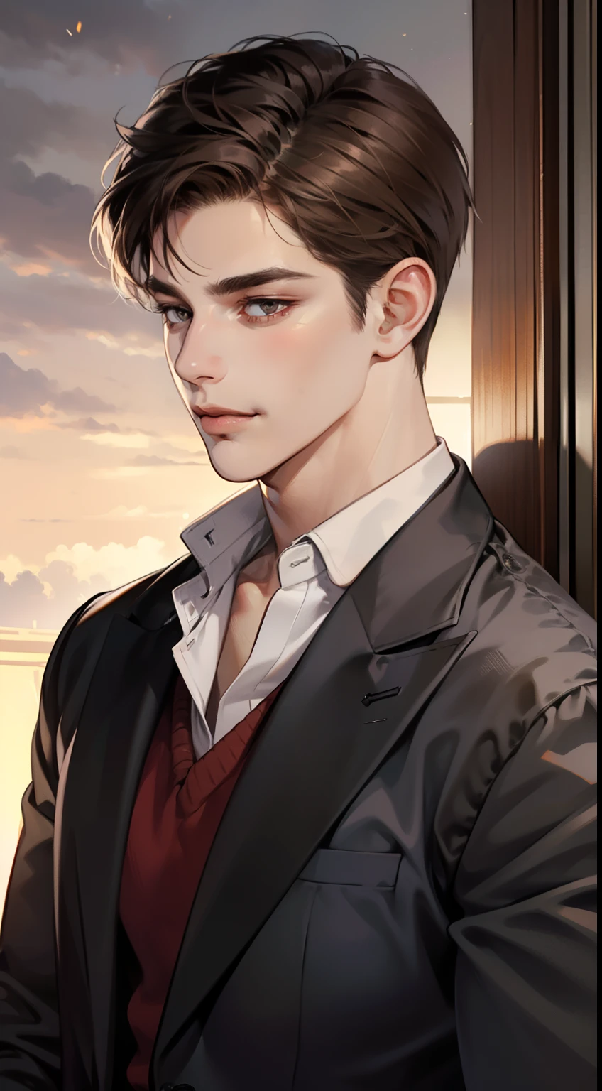 masterpiece, best quality, realistic, 1man, mature male, quiet and charming young man, 25 year old, a smirk, closed mouth, portrait, extremely detailed face, cold smile, ((dark eyes)), ((short-right-swept dark brown hair)), [thick eyebrows], ((suit)), handsome, distant shot, western, Jewish, light brown skin