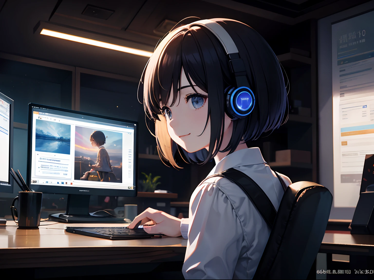 (Cinematic Digital Artwork: 1.3), High quality, masutepiece, of the highest quality, Super Detail, illustratio 、cafes、Note PC、Front of computer、Very short pixie shorthair、Speak with earphone microphone, Realistic, Full-HD, 。.。.。.。.。.3D, 4K 、A smile