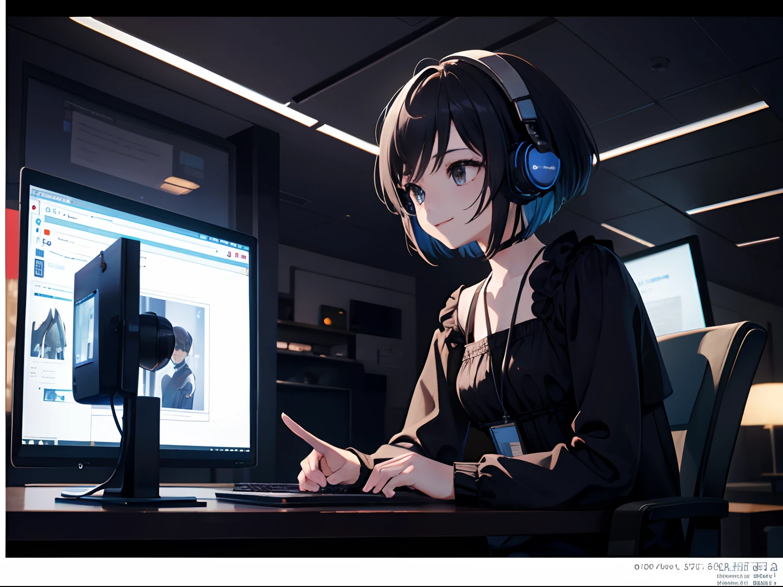 (Cinematic Digital Artwork: 1.3), High quality, masutepiece, of the highest quality, Super Detail, illustratio 、cafes、Note PC、Front of computer、Very short pixie shorthair、Speak with earphone microphone, Realistic, Full-HD, 。.。.。.。.。.3D, 4K 、A smile