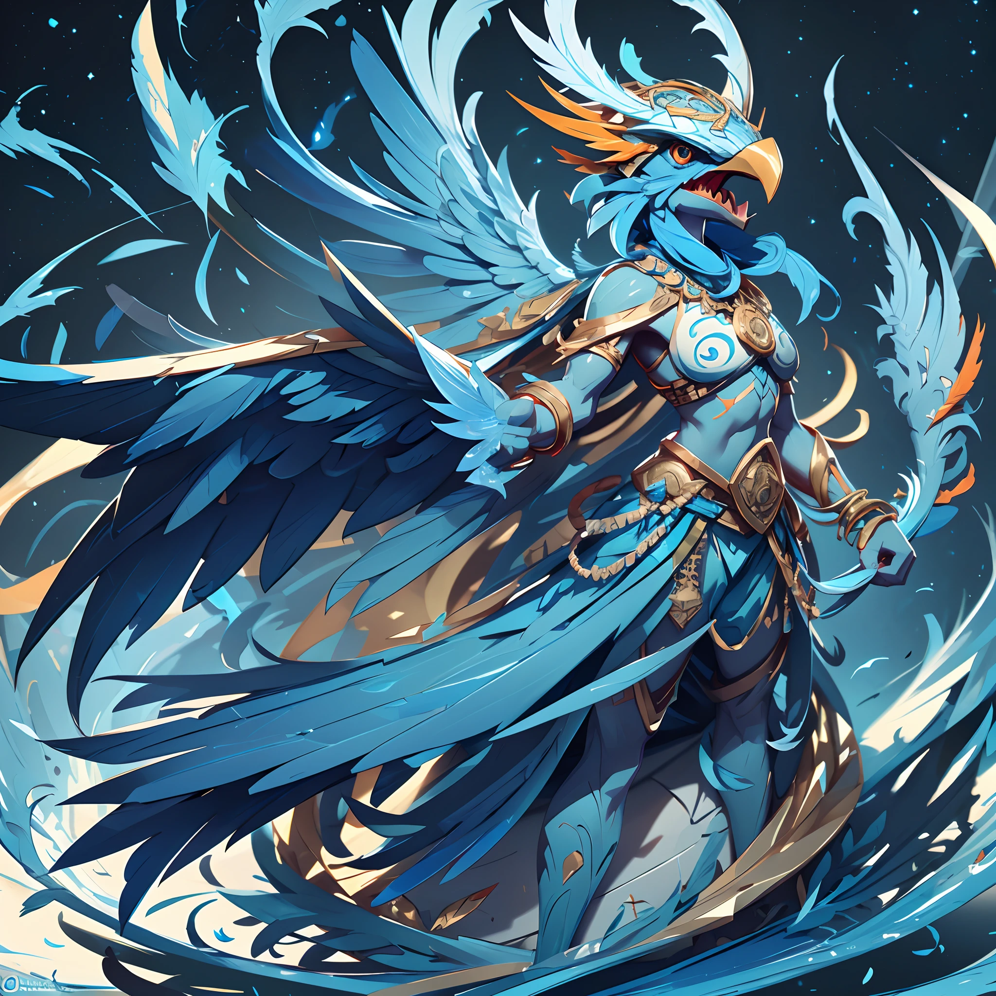 Djinn, blue feathers, multi glowing blue eyes, orange beak, blue wing-like apangeges with claws and glowing blue-white bands, masterpiece, best quality