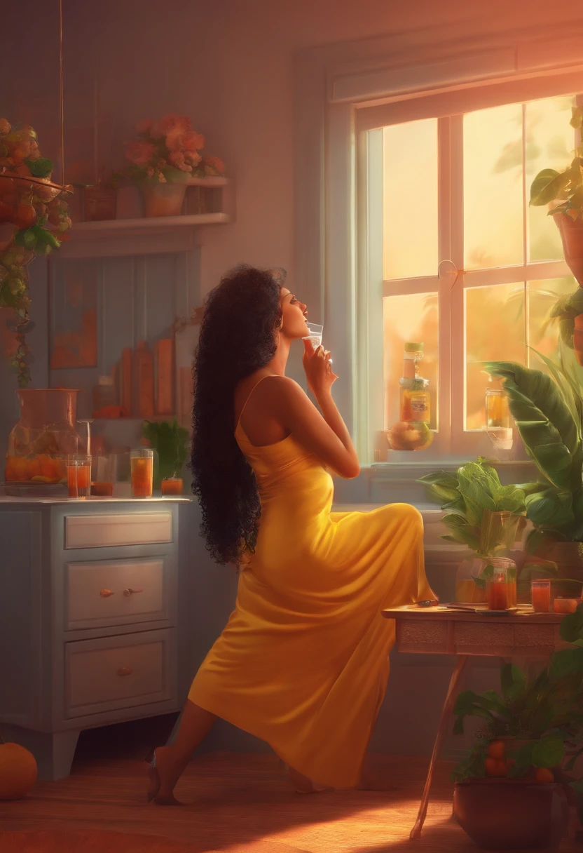 a woman drinking a juice in her room ; digital art ; 8k