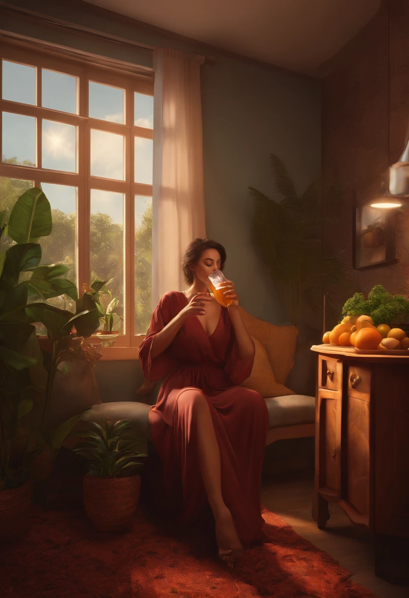a woman drinking a juice in her room ; digital art ; 8k