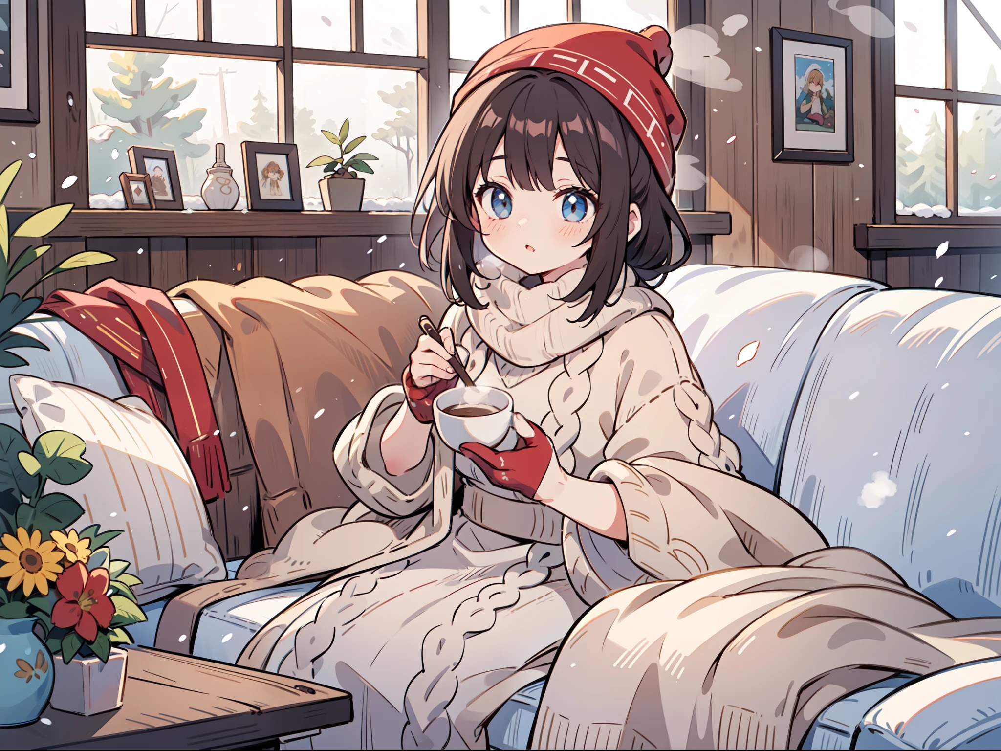 Step into the cozy realm of knitwear, brought to life with the charm of anime aesthetics. Medium: Digital Art. Style: Anime, drawing inspiration from heartwarming Japanese animations that emphasize the comfort of home and the changing seasons. Setting: A rustic wooden cabin interior, with large windows revealing a snowy landscape outside. Lighting: Soft, diffused daylight filters through the windows, casting gentle shadows and highlighting the textures of the knitwear. Colors: Warm earthy tones - deep browns of the wood, creamy whites of the snow, and the rich hues of the knitwear. Characters: A young anime-styled woman, wrapped in an oversized knit sweater, its patterns intricate and detailed. Her hair cascades down, and she's holding a steaming cup of cocoa. On a nearby couch, a pile of knit scarves, hats, and mittens awaits.