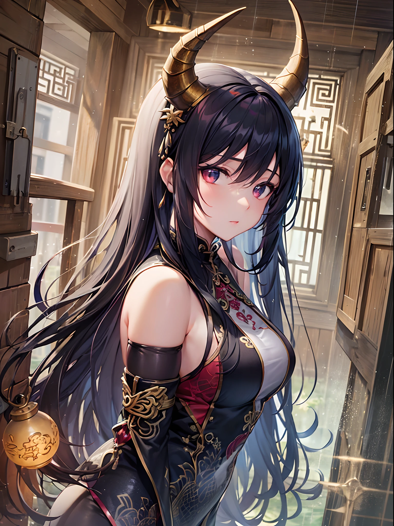 ((Finest quality)),(超A high resolution),(ultra-detailliert),((Best Anime)),sharpnes,Clair,Fantasy art with astounding depictions, In heavy rain:1.5, (1womanl),(Long jet-black hair),(Beautiful embroidered hu clothes),Dragon horns:1.2, Chinese style