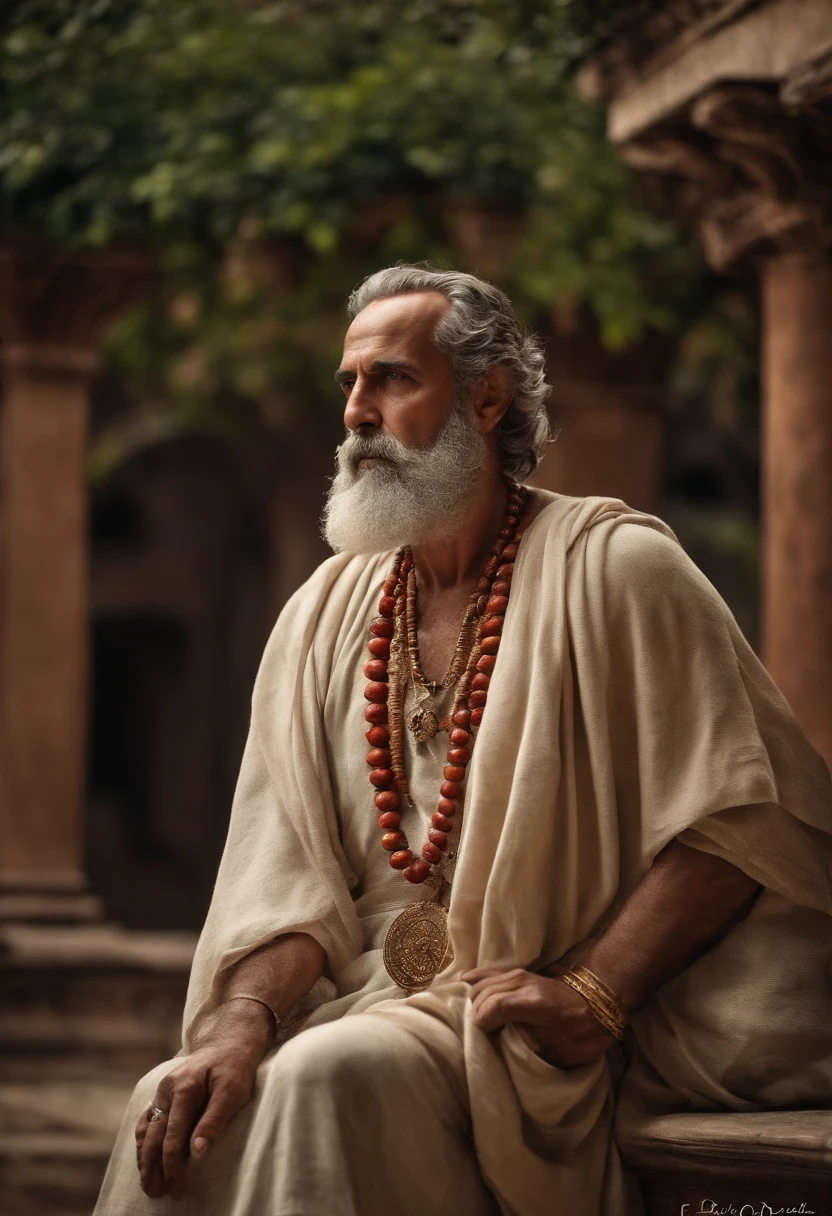 "Full body photo of a wise and imposing man, de 40 anos, magro, barbudo e com cabelos grisalhos, with a serious expression and an air of experience. highes definition. Inspiration of ancient Greek man."