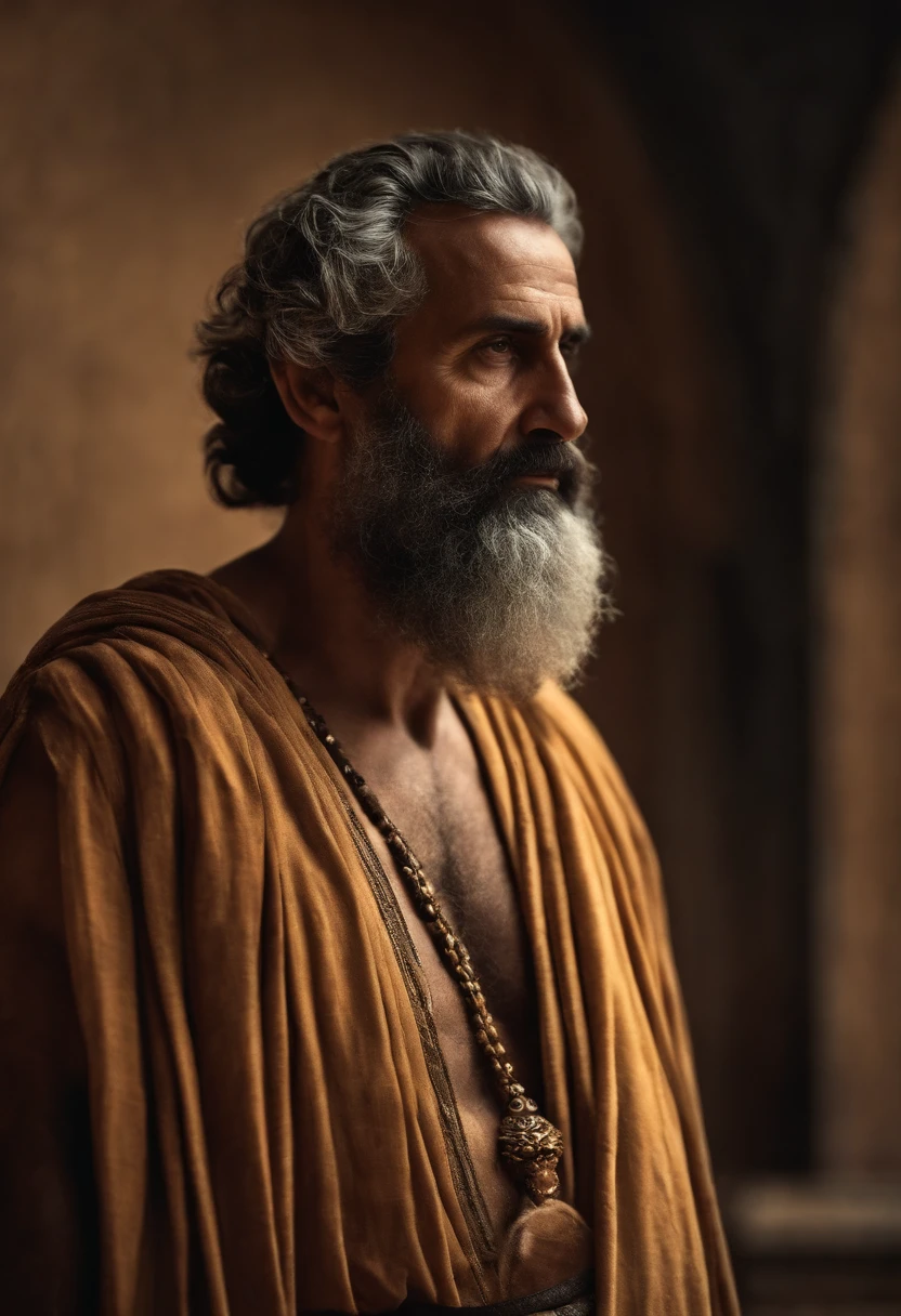 "Full body photo of a wise and imposing man, de 40 anos, magro, barbudo e com cabelos grisalhos, with a serious expression and an air of experience. highes definition. Inspiration of ancient Greek man."