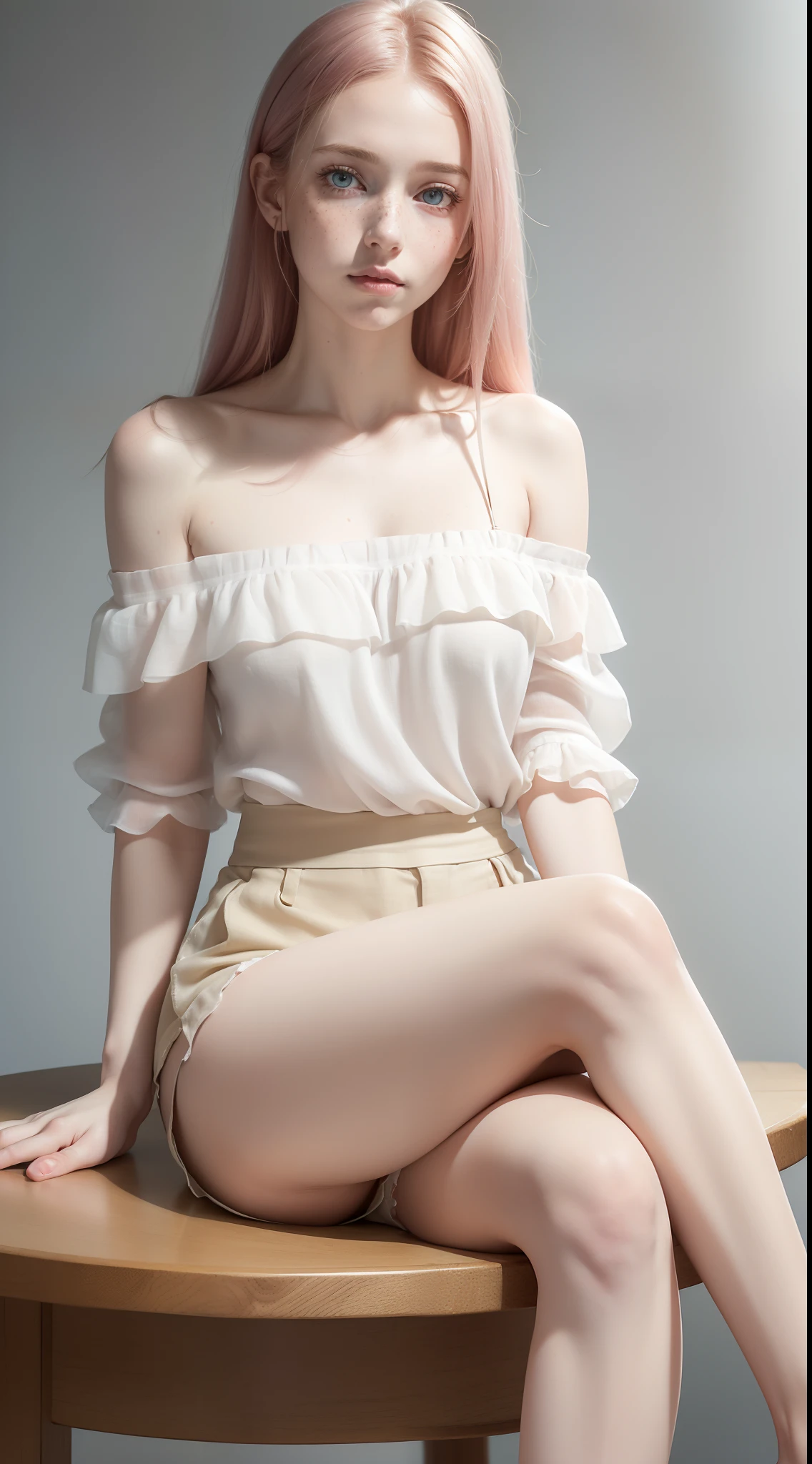 (Sitting,legs crossed:1.3),1girl,pale skin,pink long hair,delicate face,heterochromia eyes,freckles,(off shoulder blouse,linen tight shorts),small waist,(wide thigh gap:1.3,wide thighs:1.3),white background,(best quality:1.2,ultra-detailed,realistic:1.37),portrait,soft colors,polished lighting