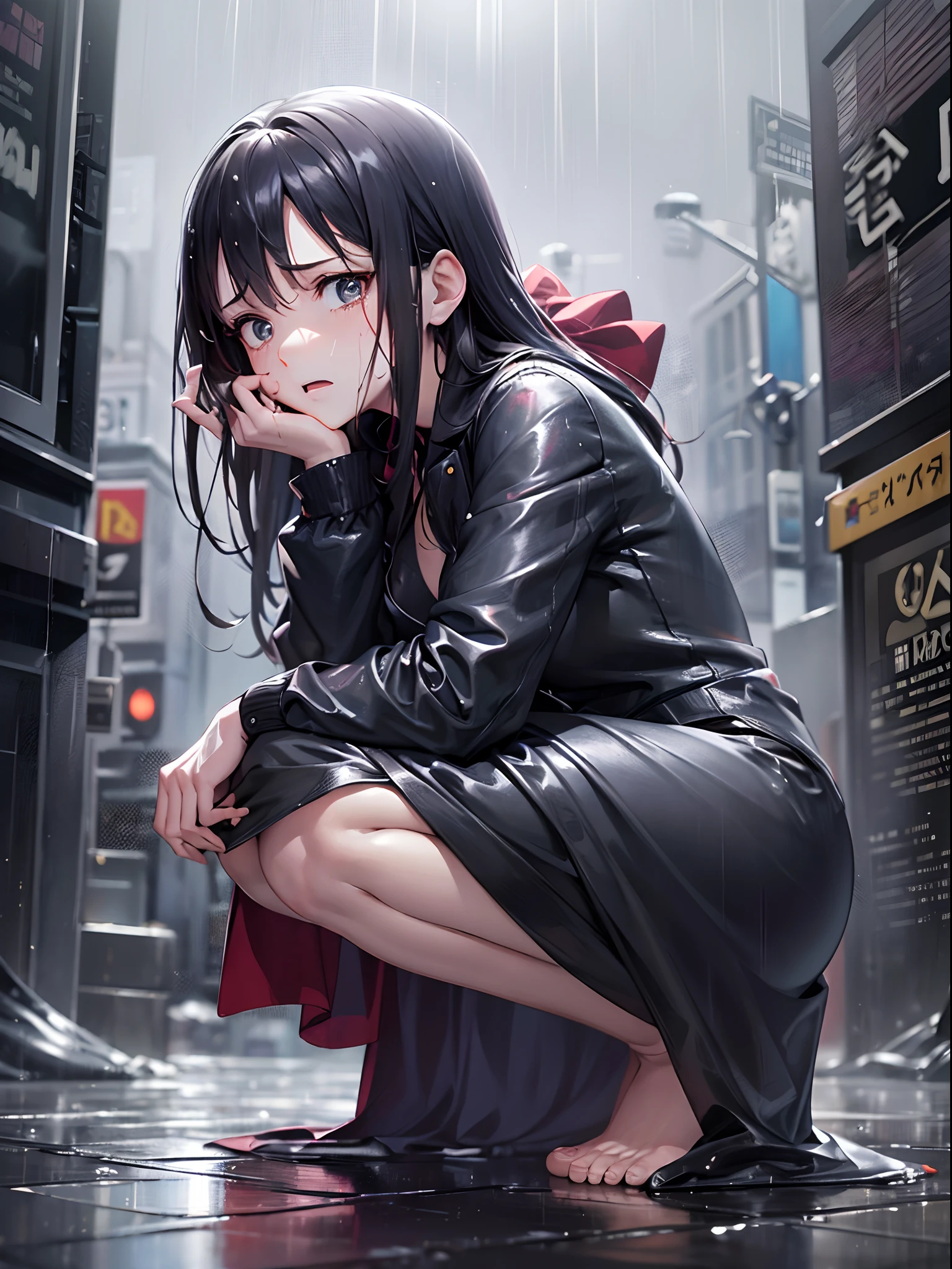 ((Highest quality)), ((masterpiece)), (detailed), 1girl, 独奏, bob cut, sliced bob, jacket, micro shorts, panties, choker, squatting, expressionless, from below, ass pov