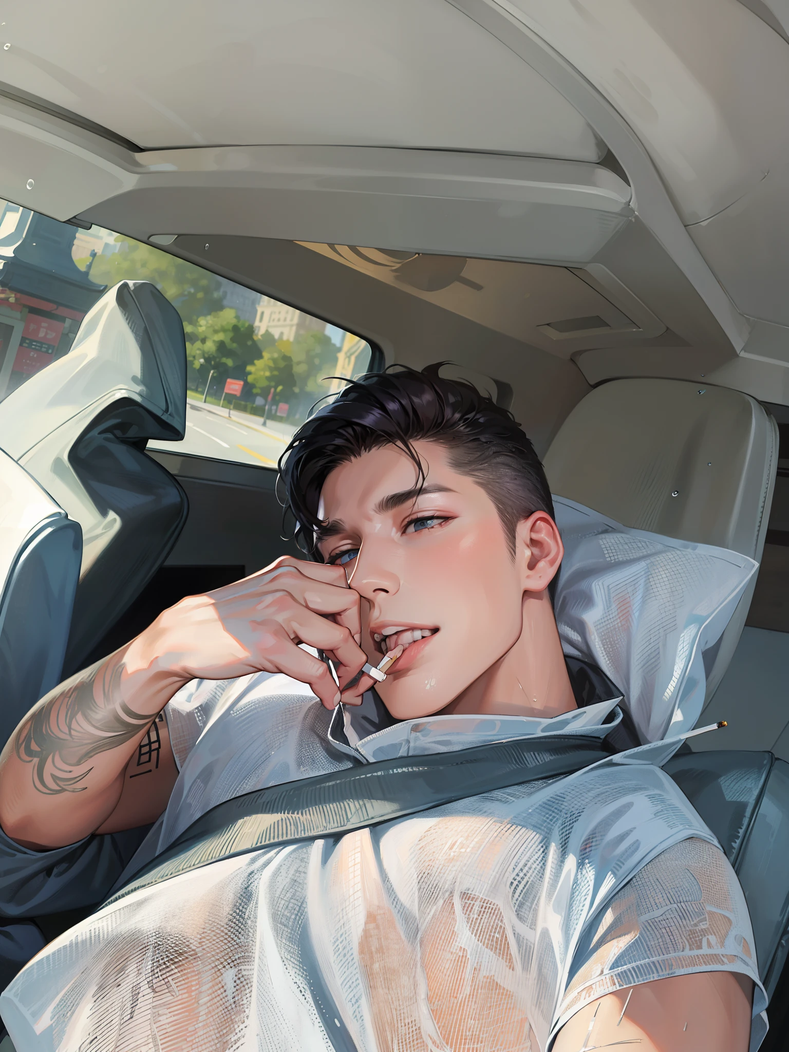 Man holding cigarette Rainy day Messy hair 8k best quality Masterpiece Very detailed wallpaper waist wrapping whole body thin waist wet body evil grin tall man licking tongue pavilion rain tall building jacket
