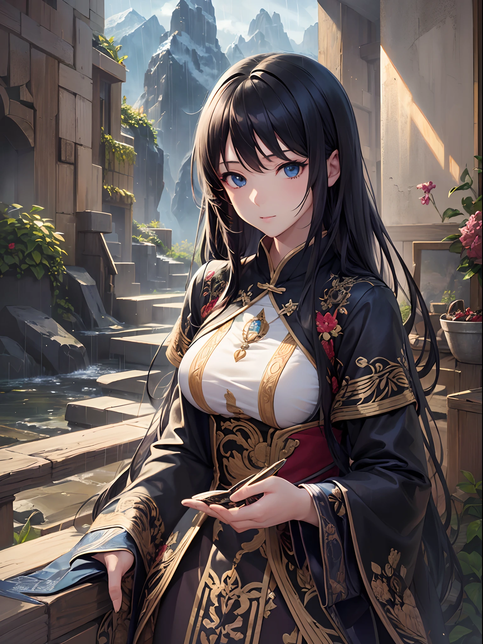 ((Finest quality)),(超A high resolution),(ultra-detailliert),((Best Anime)),sharpnes,Clair,Fantasy art with astounding depictions, In heavy rain:1.5, (1womanl),(Long jet-black hair),(Beautiful embroidered hu clothes),banya:1.2, mountainous